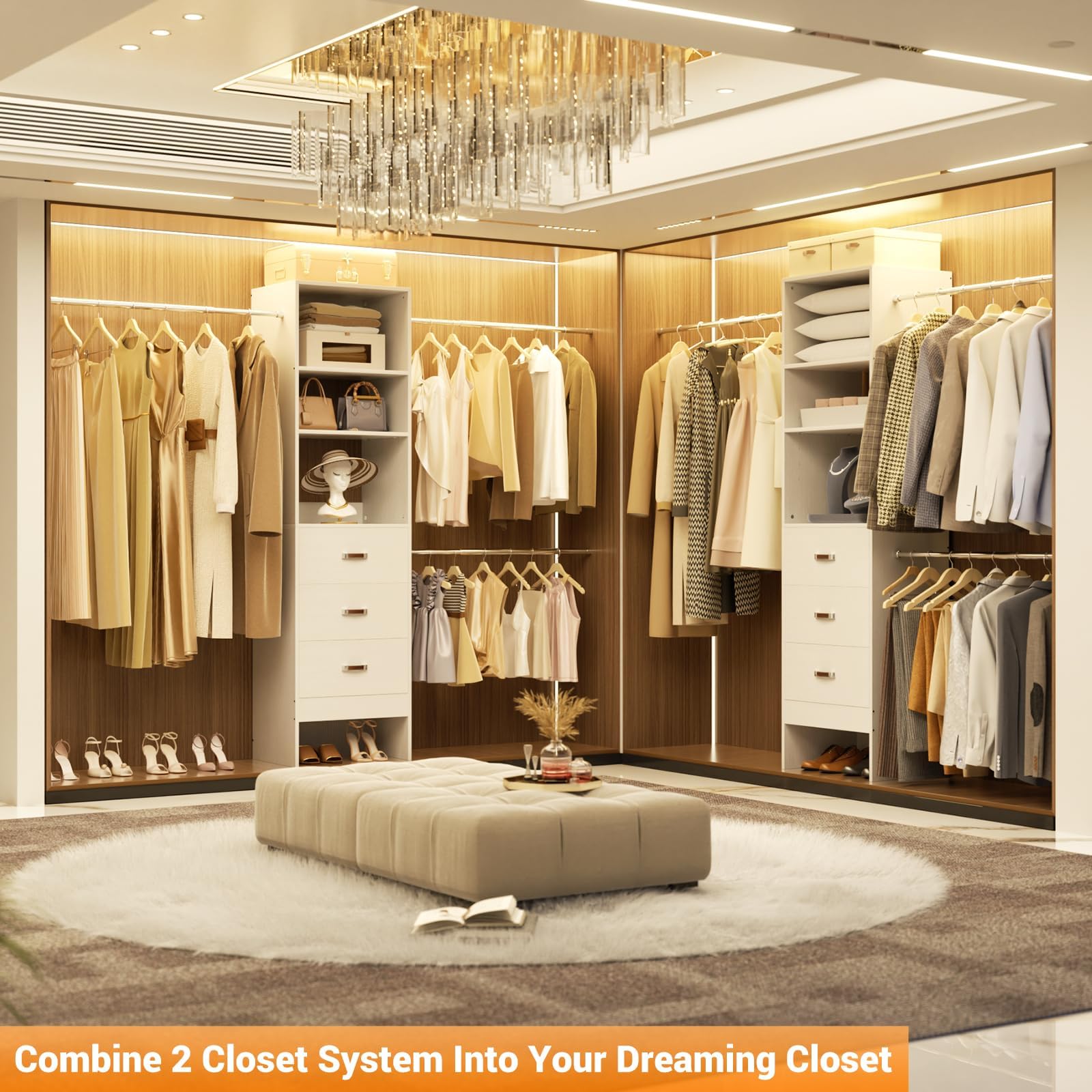Walk-In Closet Organizer System with Hanging Rods and Drawers