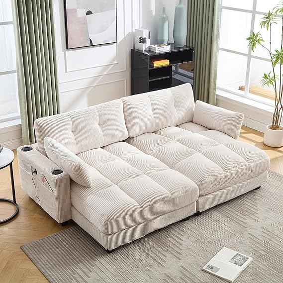 Oversized Double Chaise Lounge Cloud Couch with USB & Cup Holders