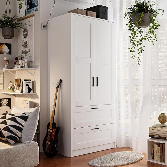 White Wardrobe Closet with 2 Doors and 2 Drawers