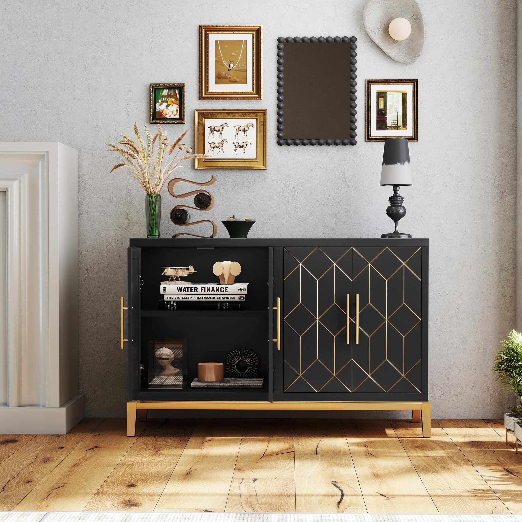 4-Door Storage Accent Cabinet with Gold Lines