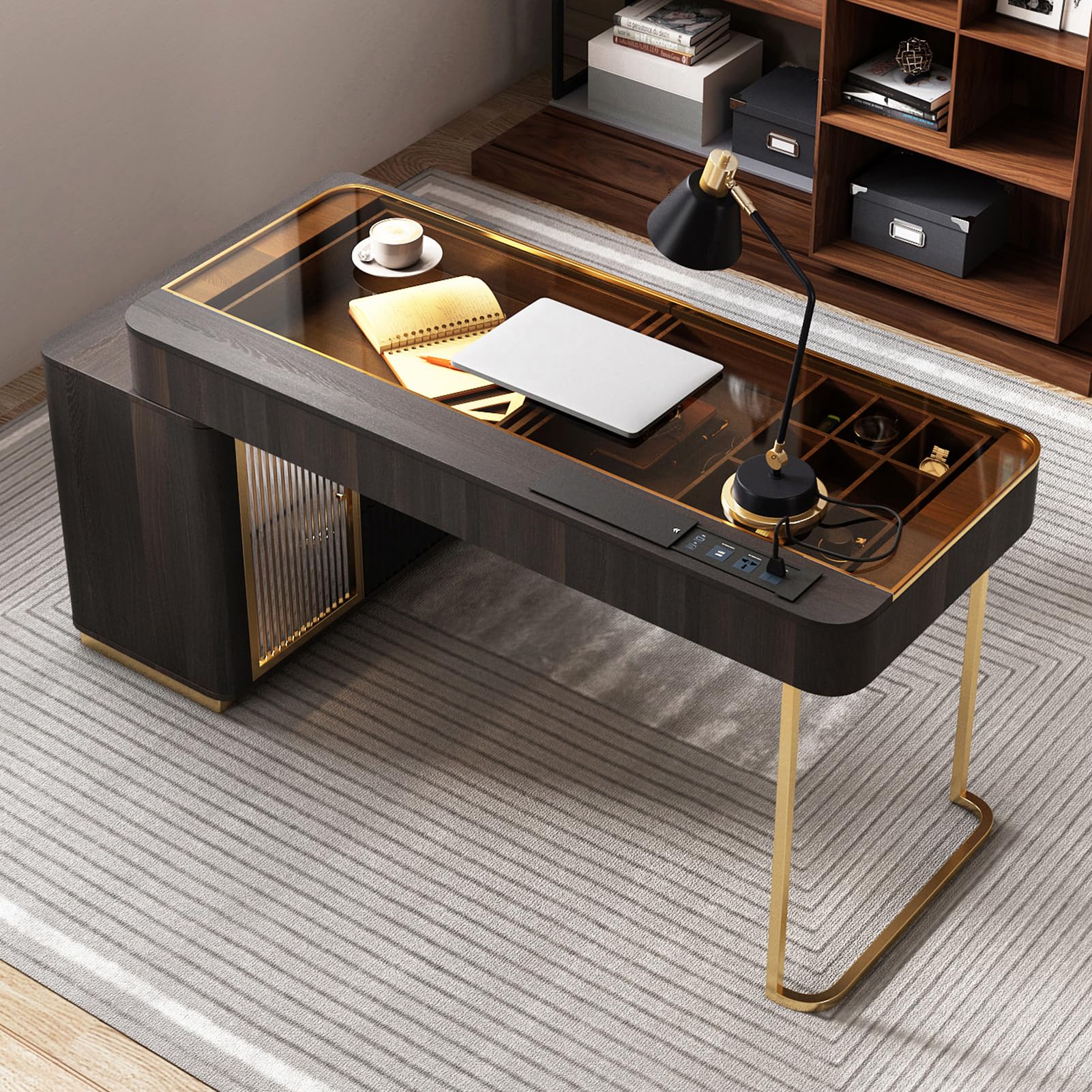 Modern Computer Desk with Retractable Cabinet and LED Lights