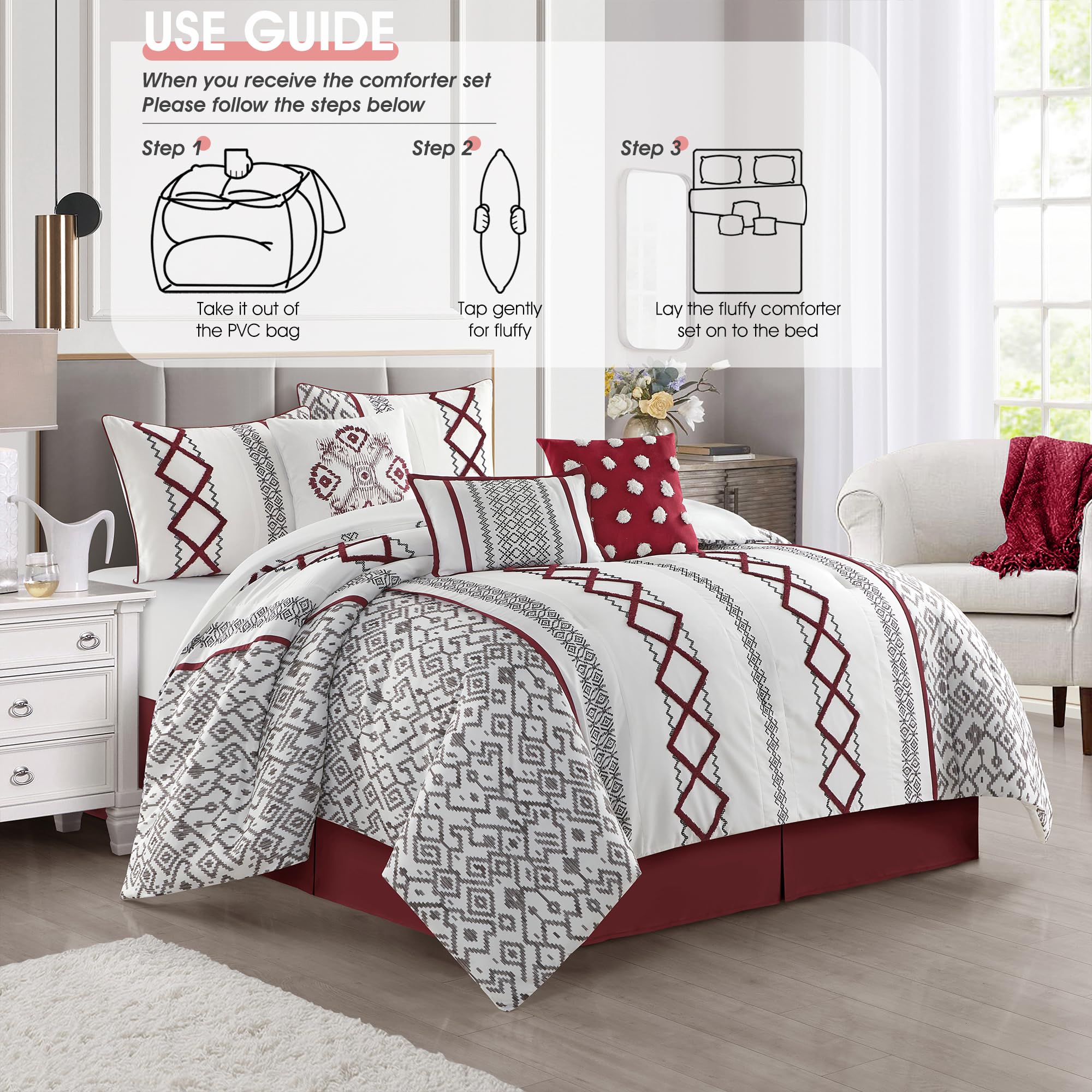 King Comforter Set 7 Pieces White Red Geometric Embroidered