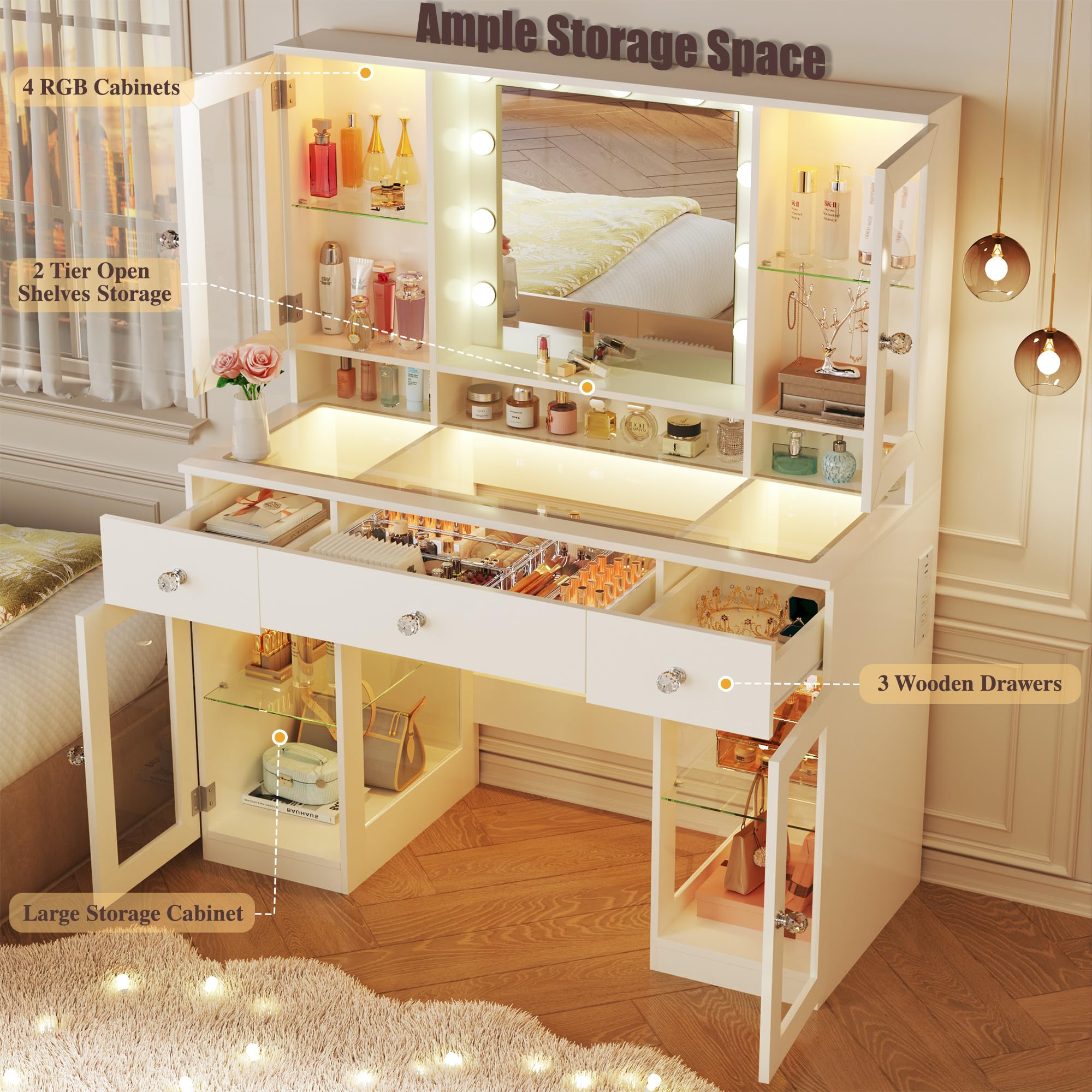 43" Vanity Desk with Mirror and RGB Lights