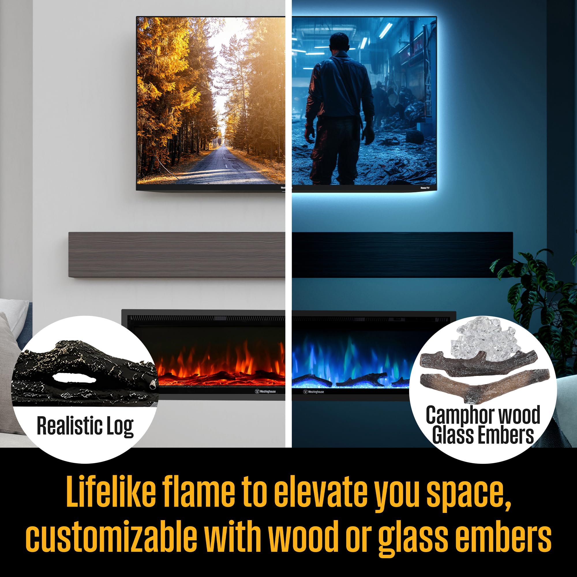 60 Inch Electric Fireplace Heater with Smart Home Control