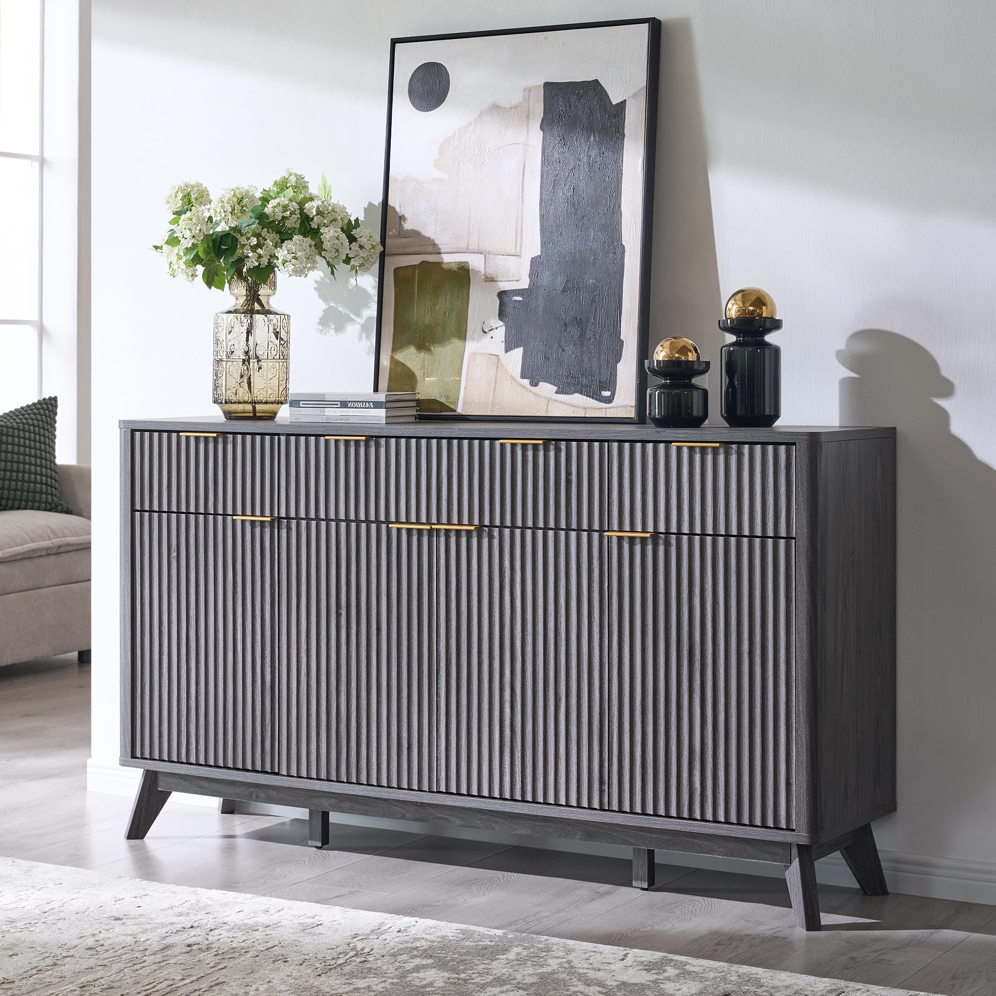 60" Fluted Buffet Sideboard Cabinet with 3 Drawers and 4 Doors