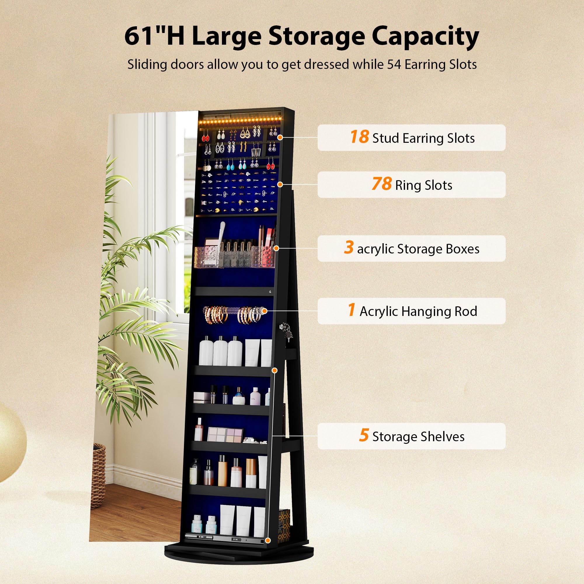 360° Rotating Jewelry Mirror Cabinet with LED Lights