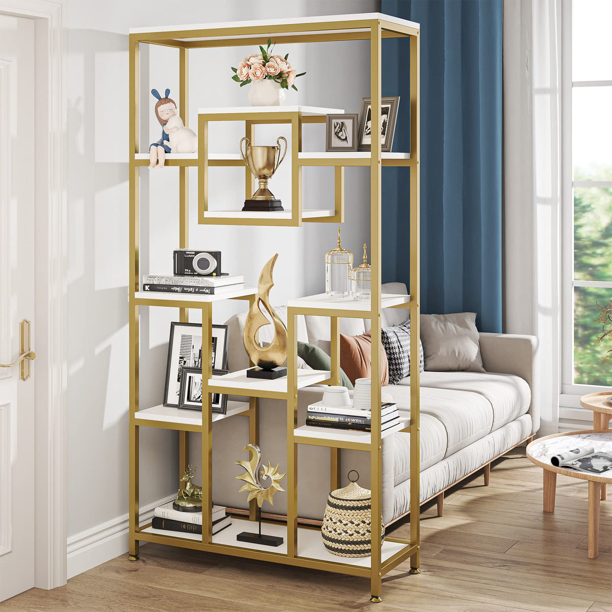 71" Tall Geometric Bookshelf with Storage Shelves