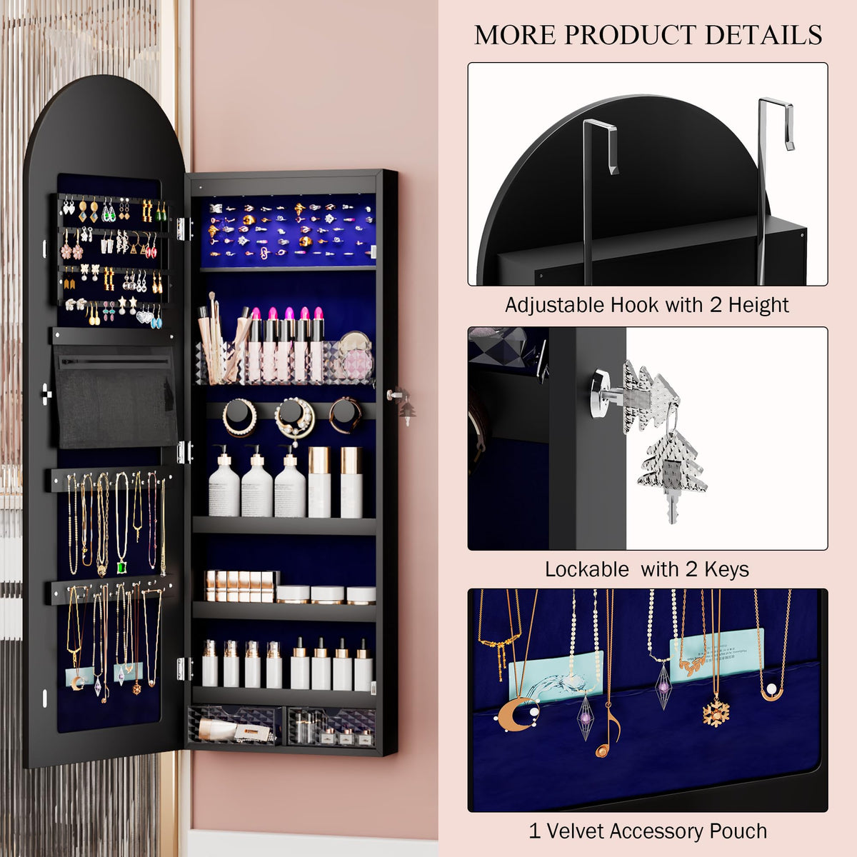 47-Inch Lockable Full-Length Mirror Jewelry Cabinet with LED Lights