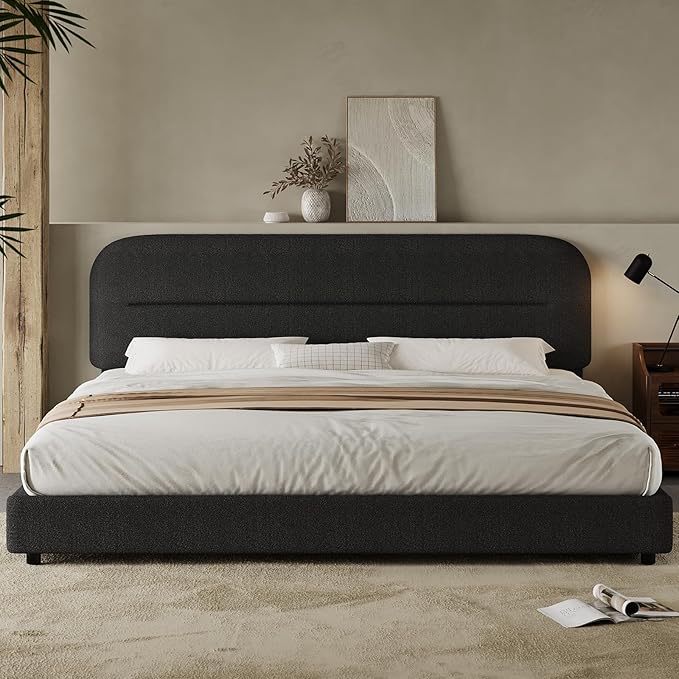Twin Size Boucle Upholstered Bed Frame with Adjustable Headboard