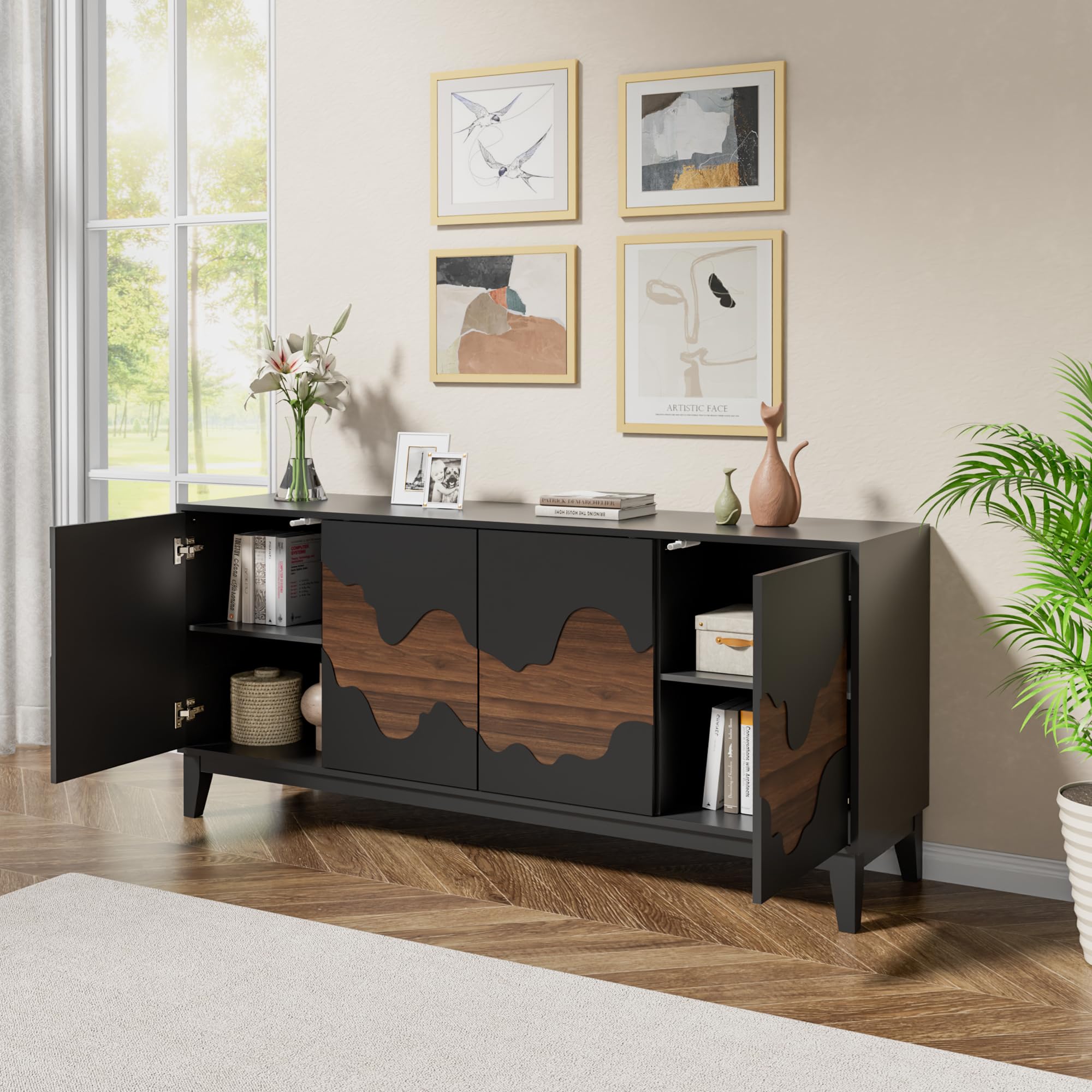 Modern 4-Door Sideboard Buffet Cabinet with Water Stream Pattern