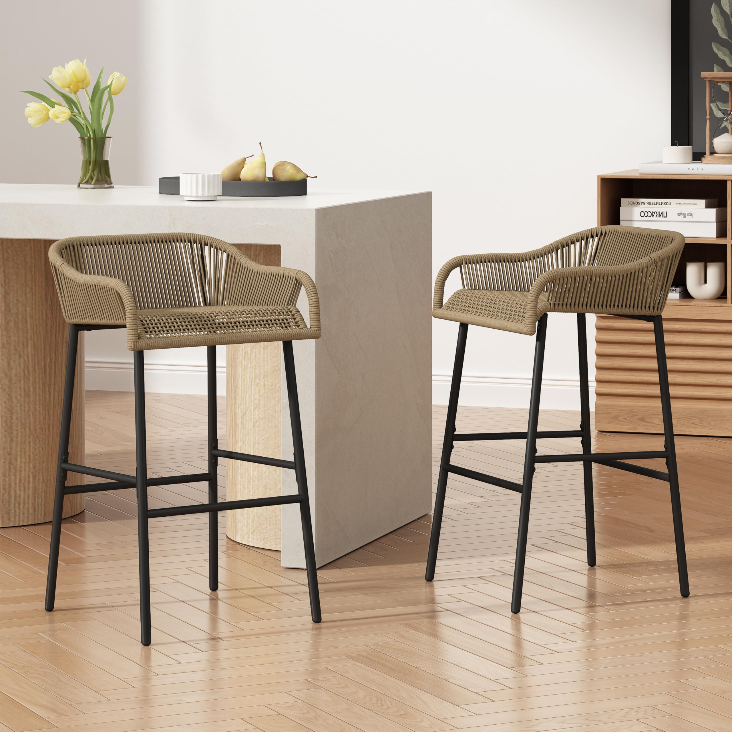 Outdoor Rope Weave Iron Barstools Set of 2