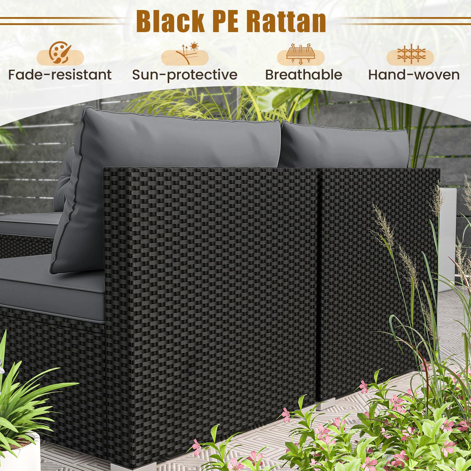 5-Piece PE Rattan Outdoor Sectional Set with Acacia Wood Coffee Table
