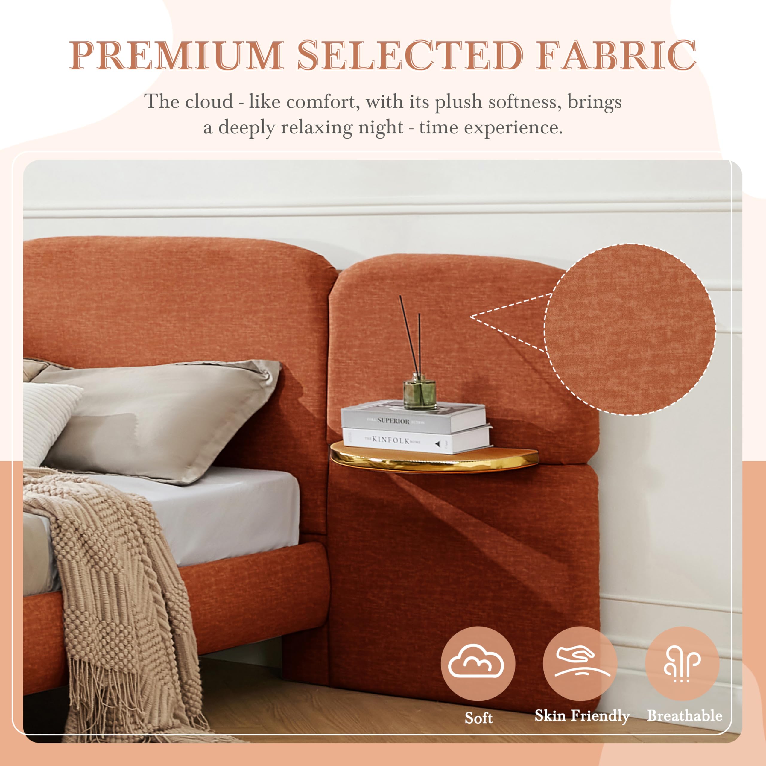 King Upholstered Platform Bed Frame with Integrated Nightstands