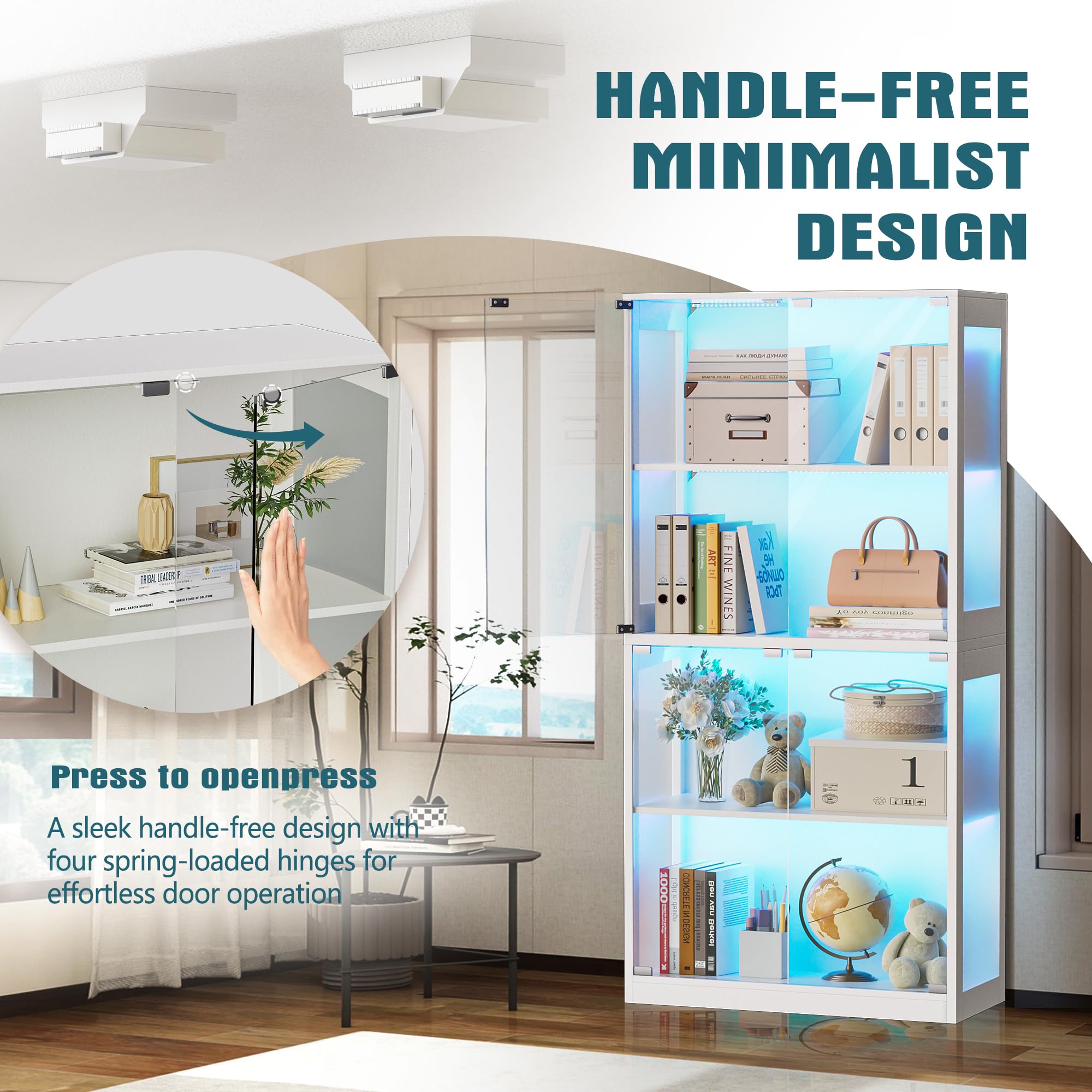 4-Tier Display Cabinet with Glass Doors and LED Lights