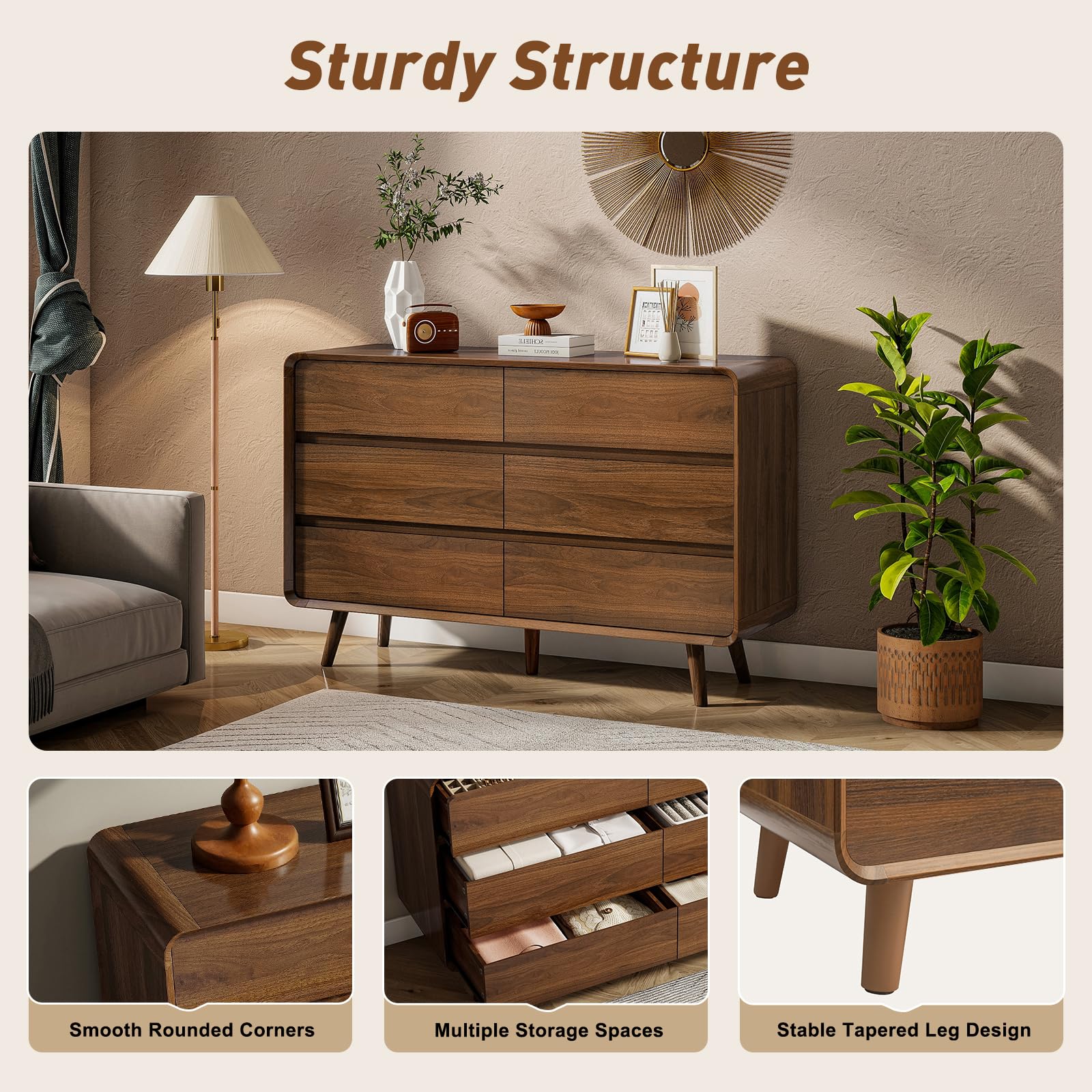 6 Drawer Dresser Mid Century Modern Wood Storage