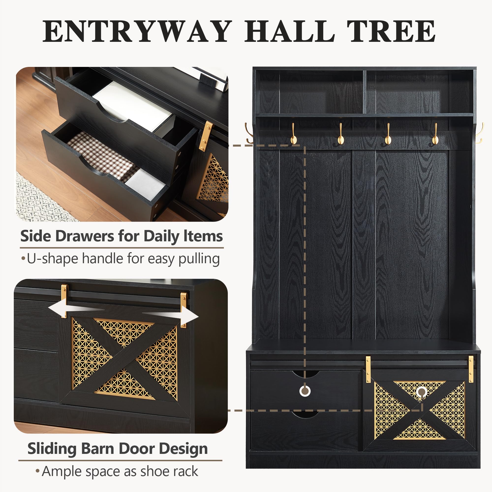 Entryway Hall Tree with Storage Bench and Coat Rack