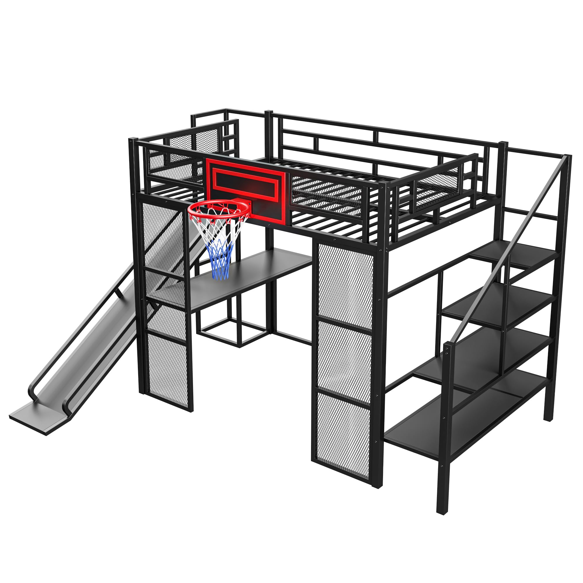 Full Size Metal Loft Bed with Slide and Staircase