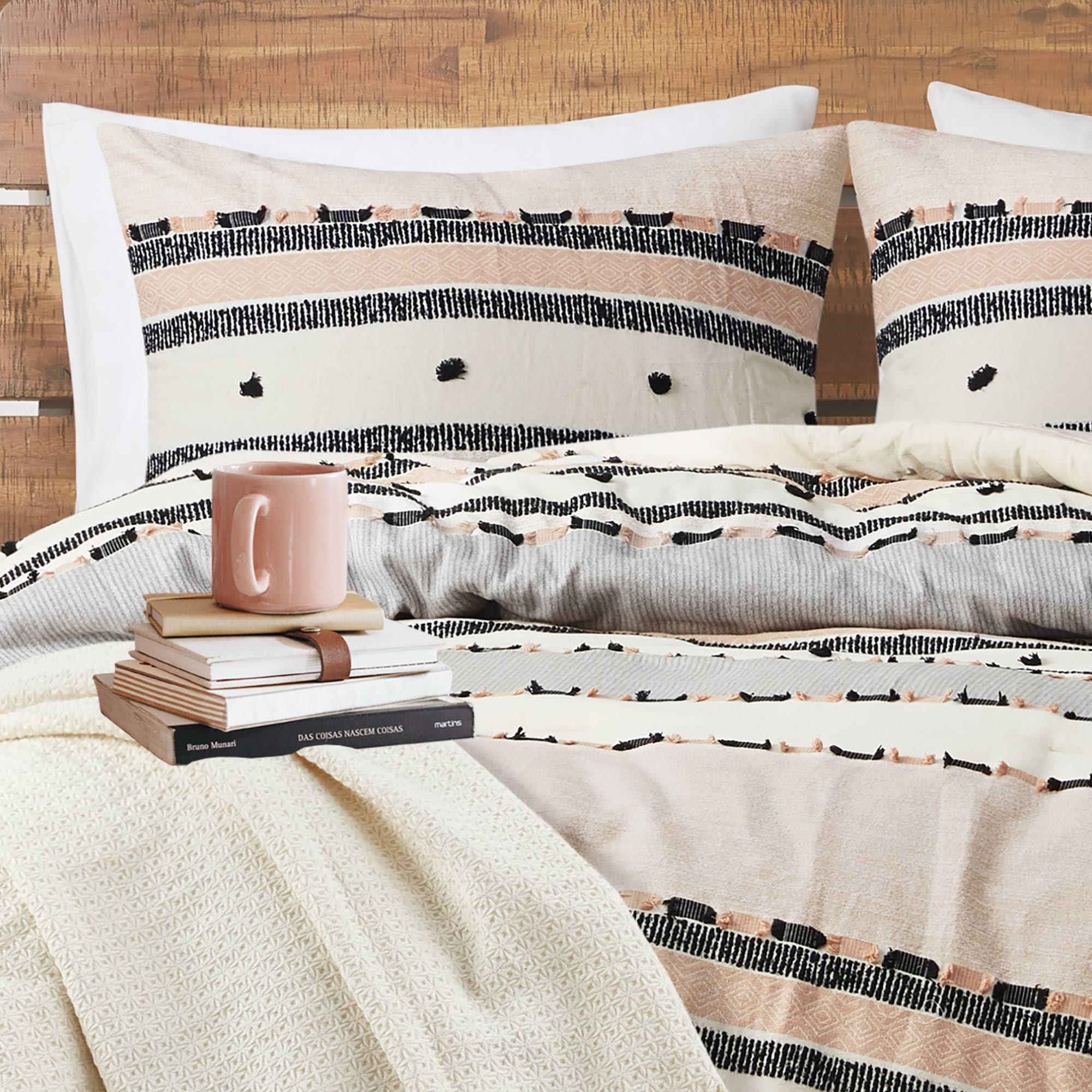 Boho Queen Comforter Set with Cotton Top and Tufted Jacquard Stripes