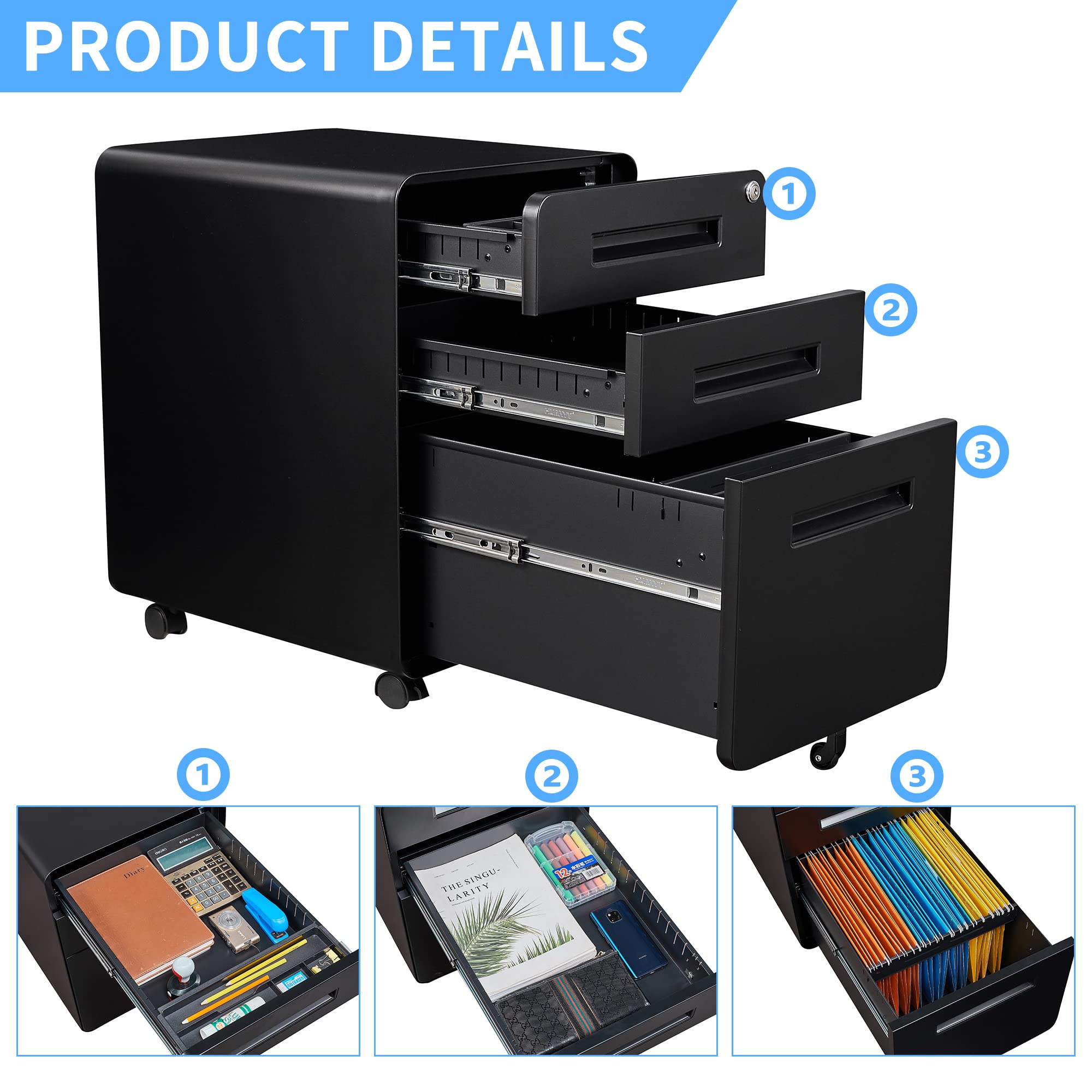 Letaya File Cabinet, 3 Drawer Filing Cabinets for Home Office with Lock Mobile Under Desk Fully Assembled Cabinet (Black)