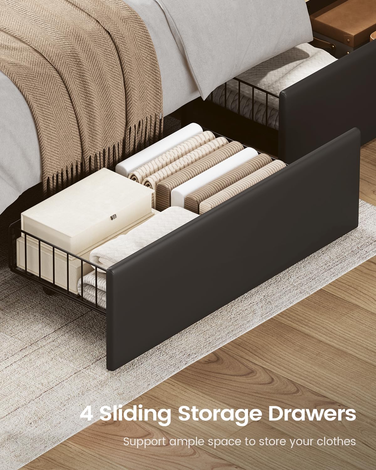 Full Size Upholstered Bed Frame with LED Lights, Storage Drawers & Charging Station
