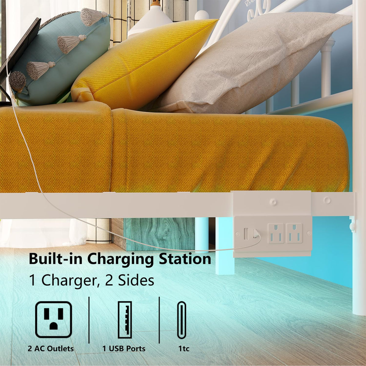 12 Inch Full Size Bed Frame with Charging Station and LED Lights