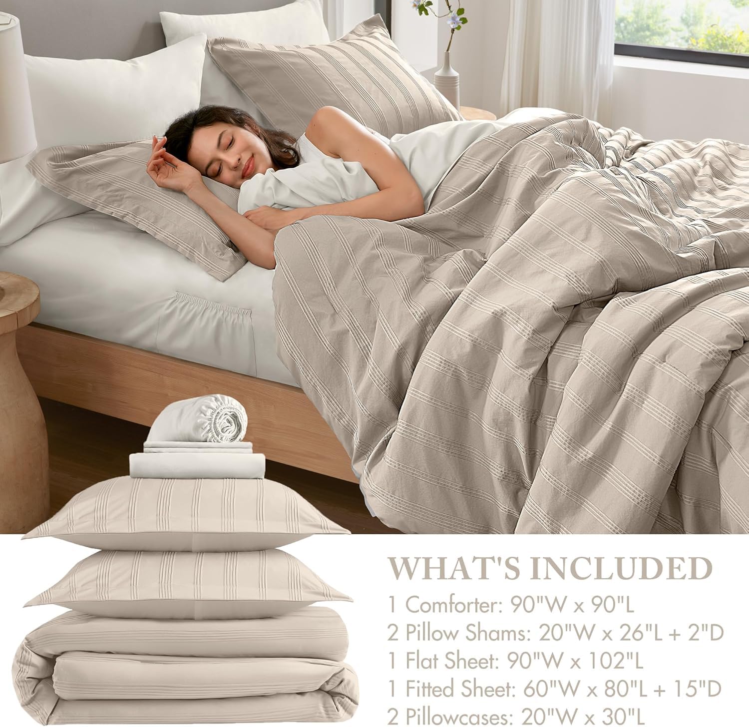 Queen Striped Comforter Set - 7 Piece Bed in a Bag