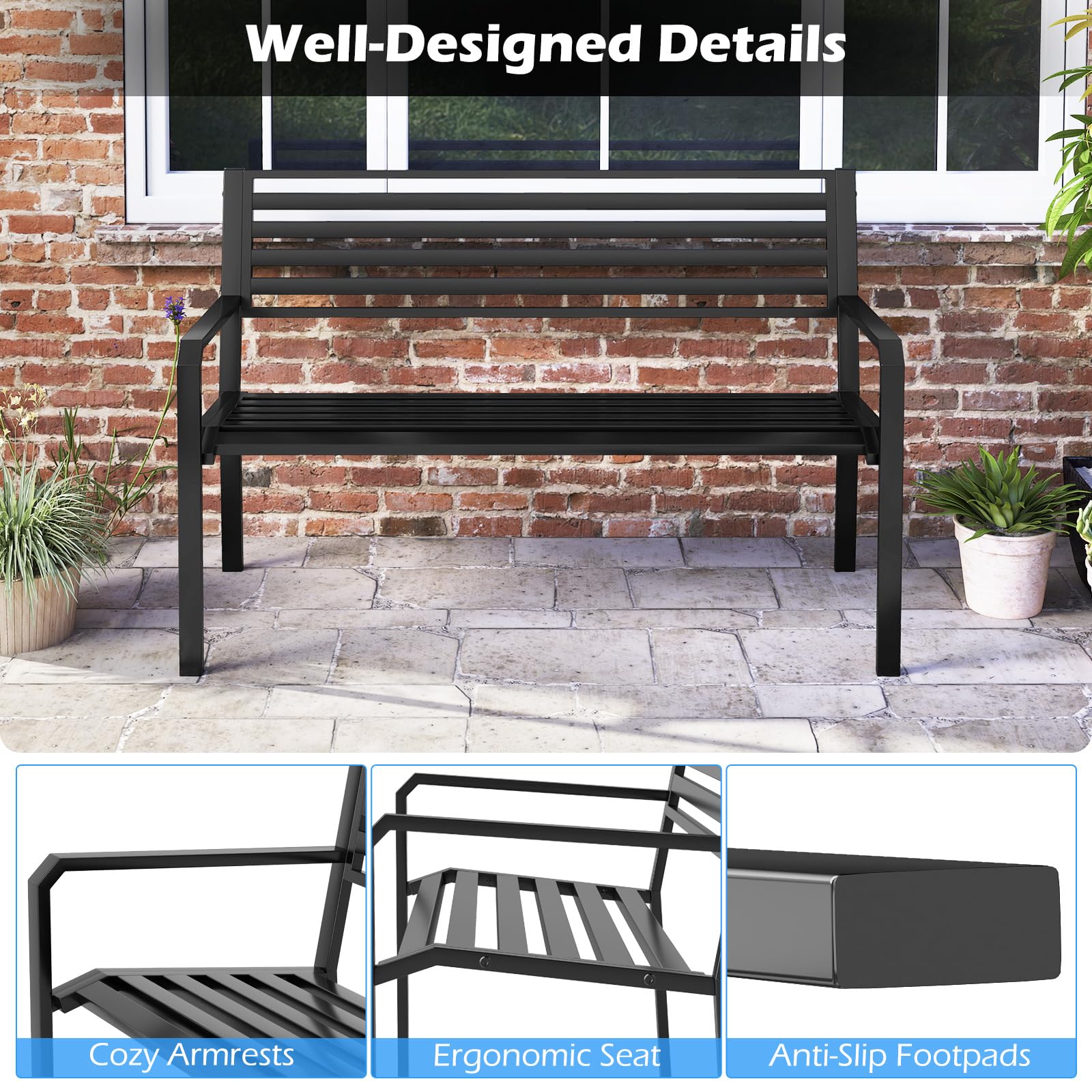 50" Outdoor Metal Park Bench with Armrests and Backrest
