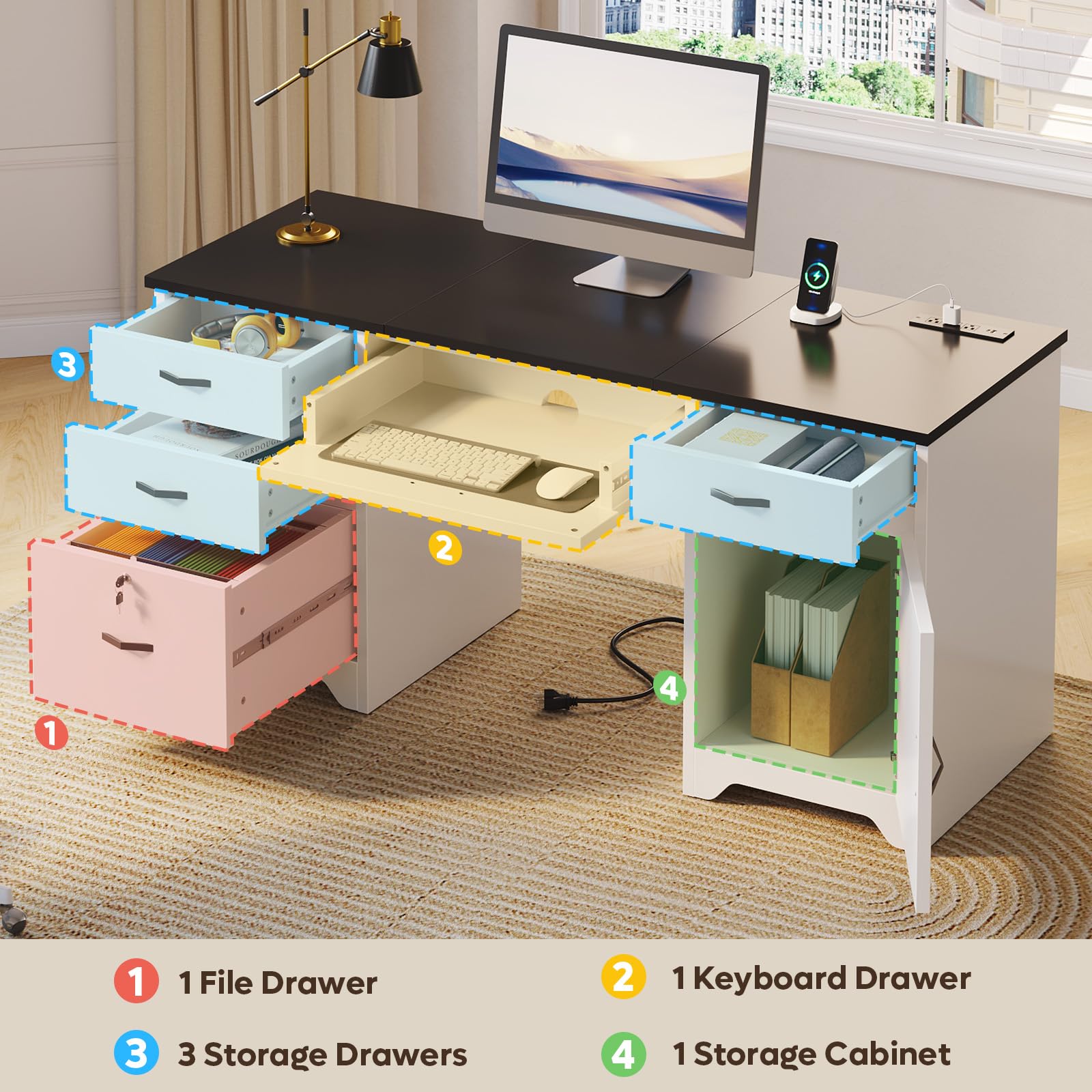 59" Executive Desk with Lockable Drawers and Charging Station