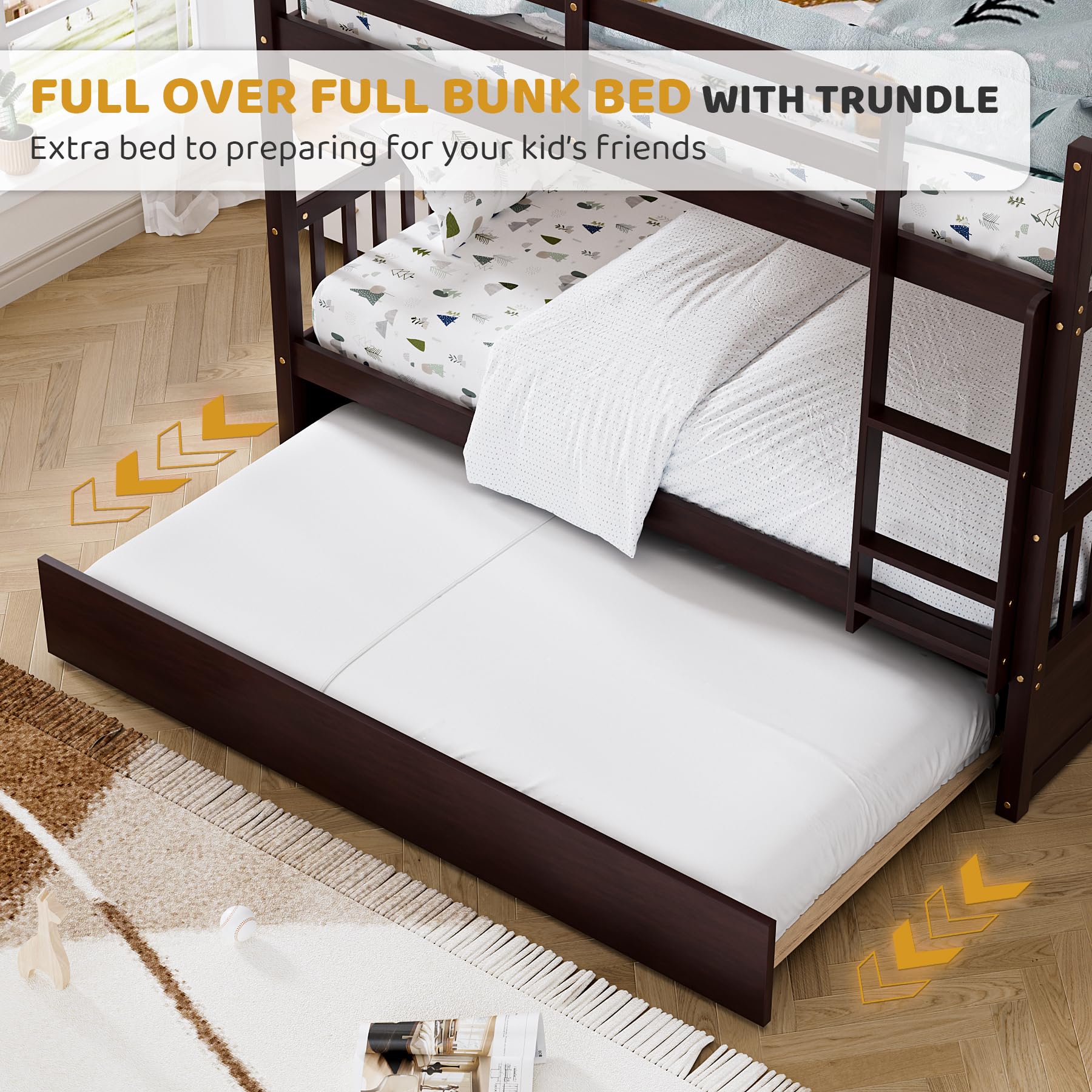 Full Over Full Bunk Bed with Trundle and Safety Rails