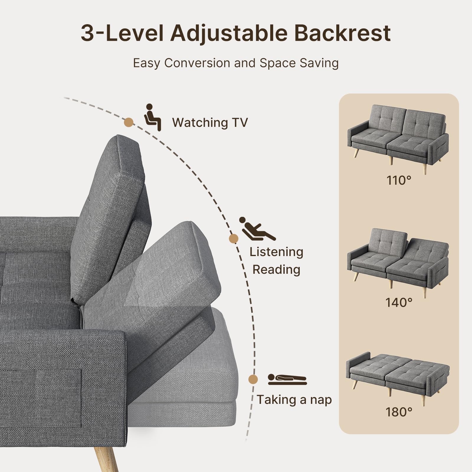70.9" Futon Sofa Bed with Adjustable Backrest