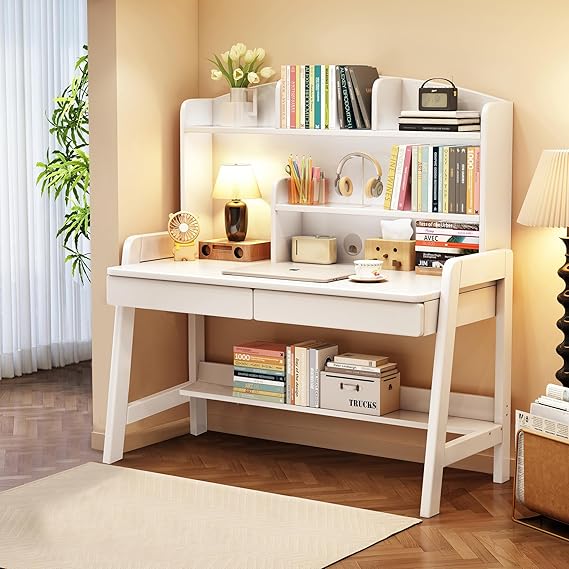 Kids Wooden Study Desk with Bookshelf and Two Drawers