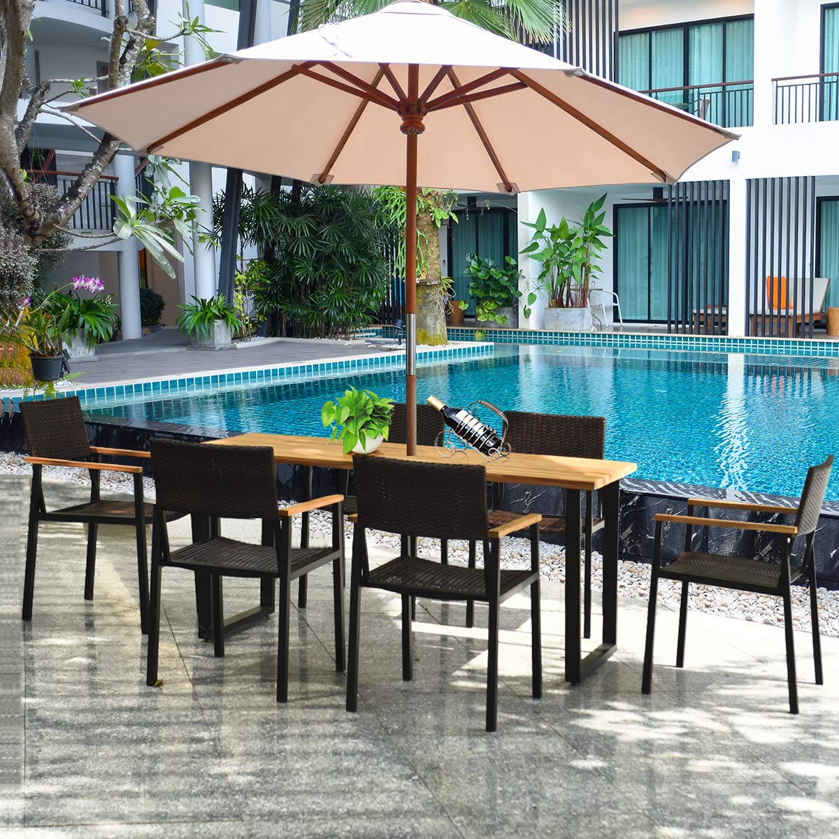 7-Piece Outdoor Dining Set with Acacia Wood Table and Rattan Chairs