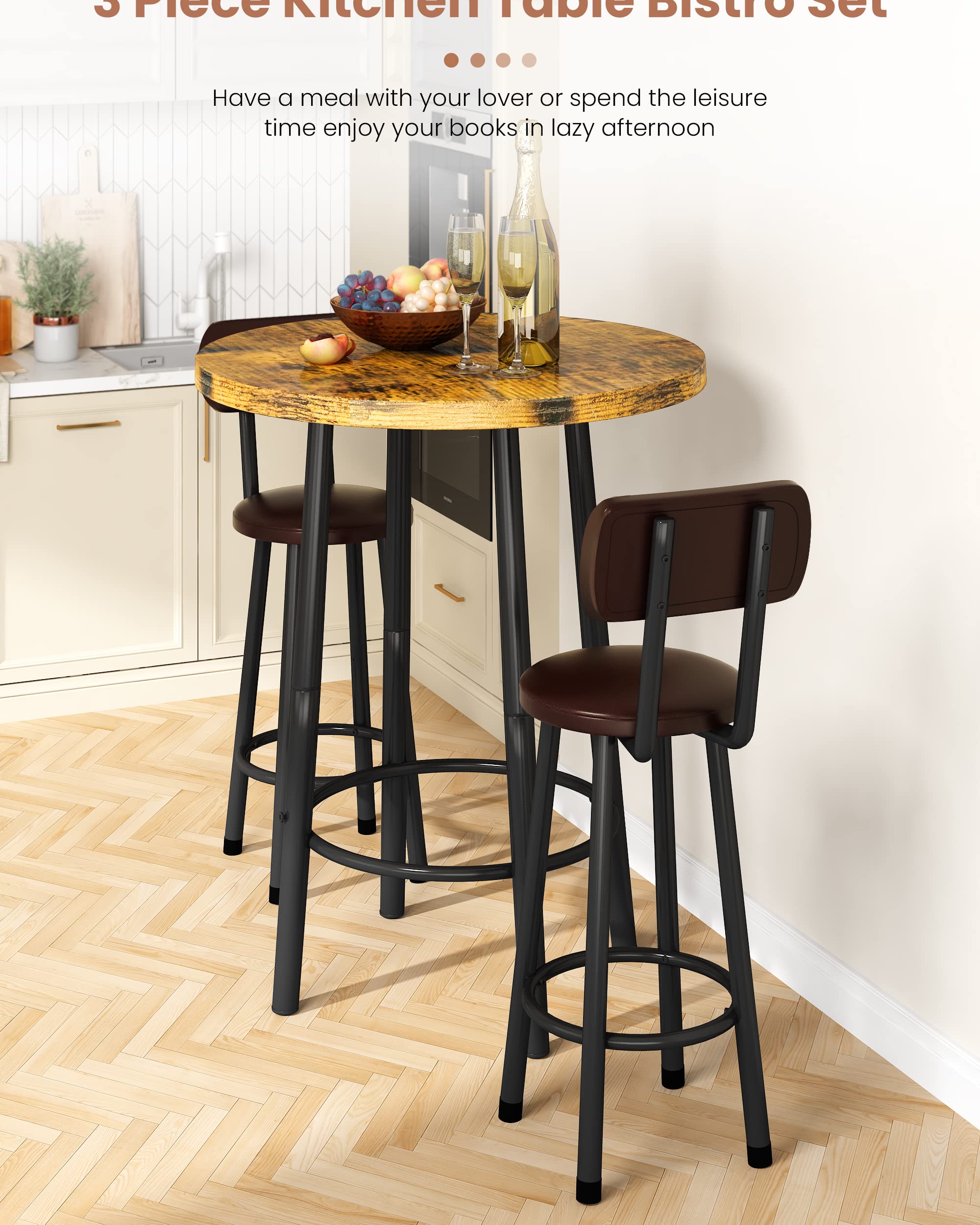 3 Piece Pub Dining Set Round Bar Table with Stools