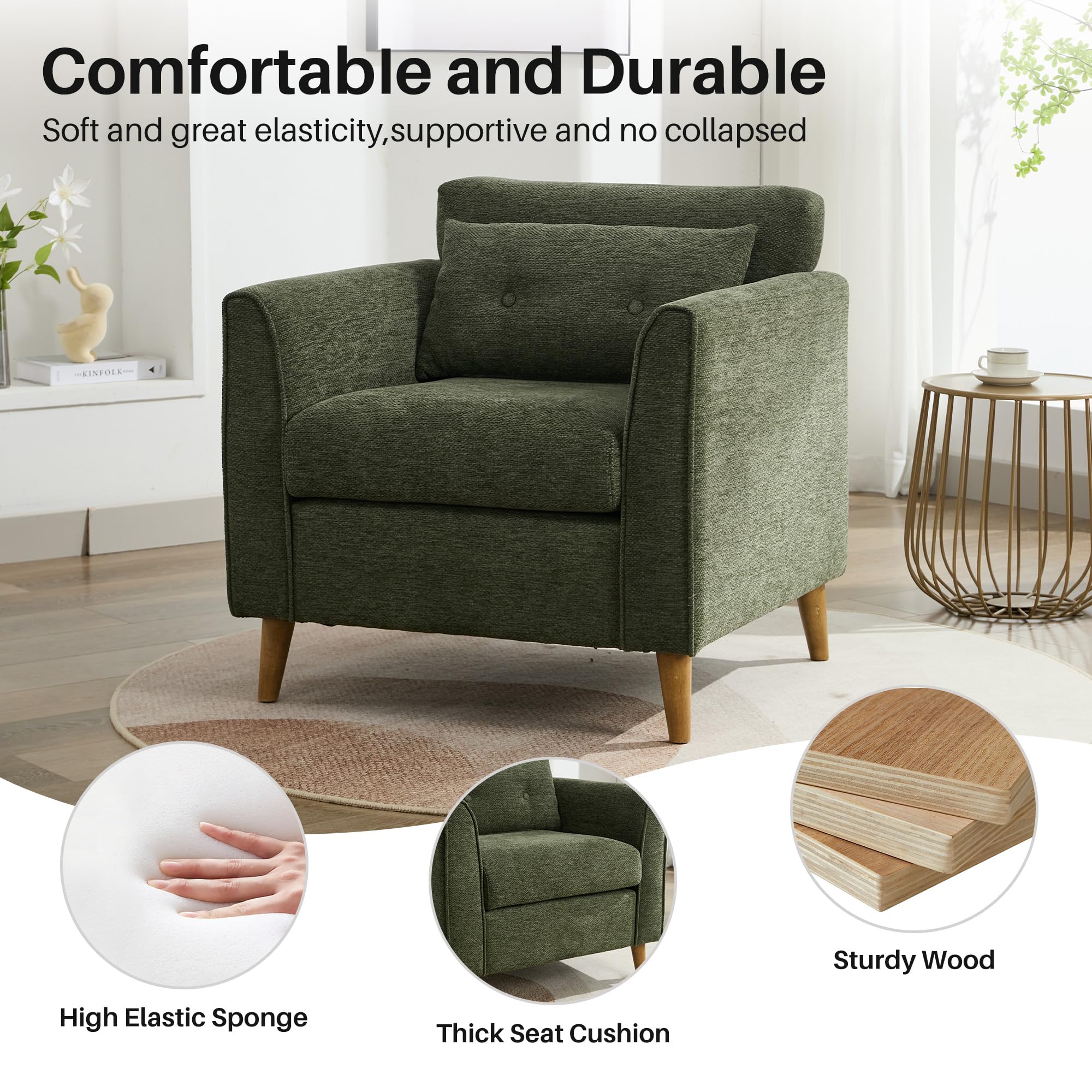 Green Chenille Accent Chair with Wooden Legs