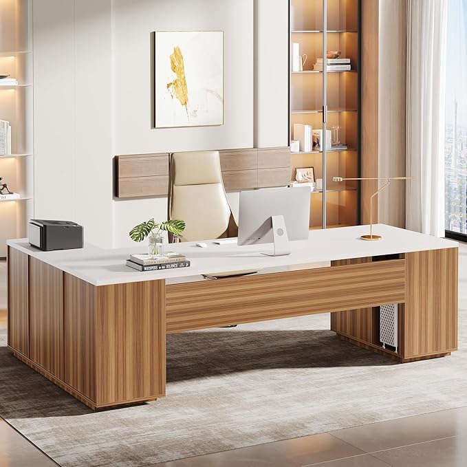 85.8-Inch L-Shaped Executive Desk with File Drawers and Cabinet