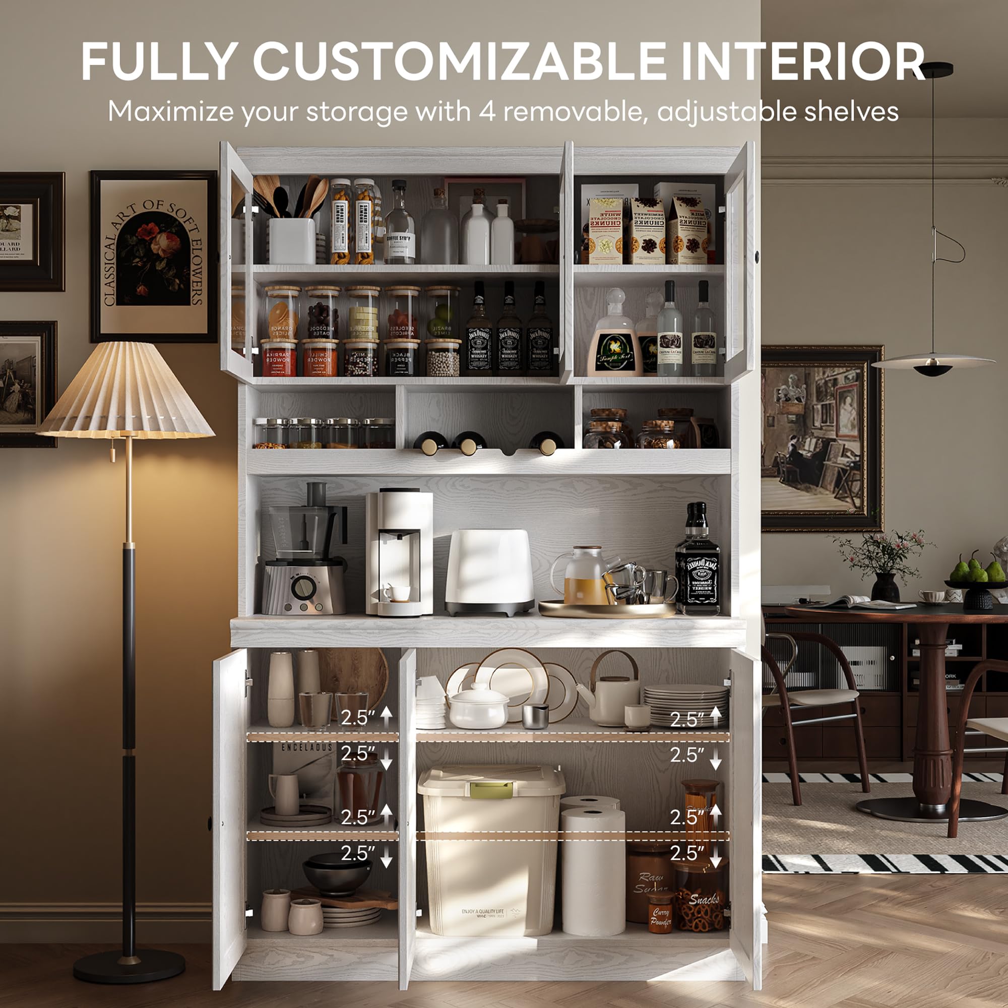 White China Cabinet with Glass Doors and Wine Rack