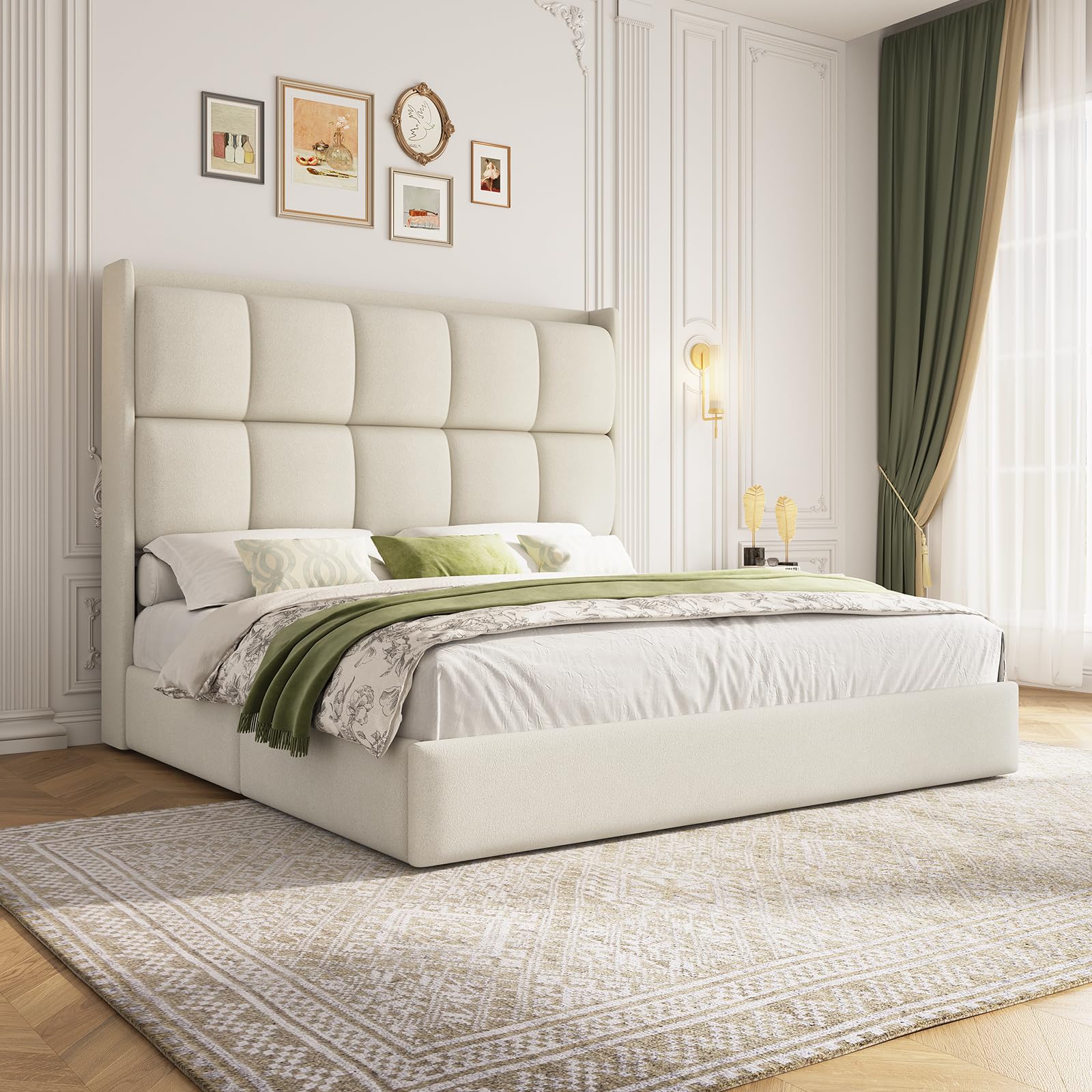 King Size Upholstered Platform Bed Frame with Tall Wingback Headboard