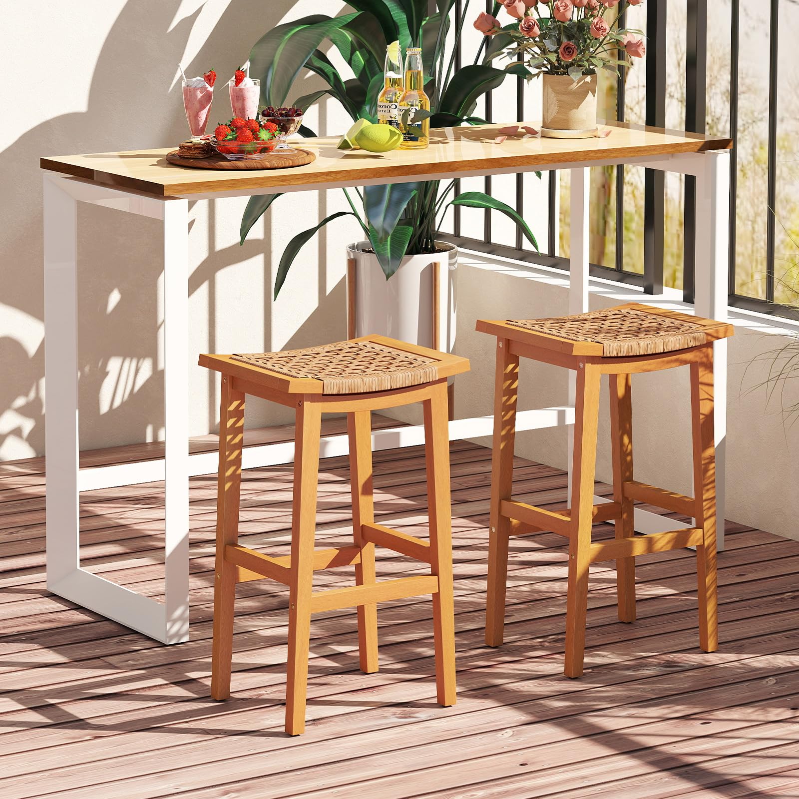 Outdoor Wooden Bar Stools Set of 2, 29" Backless with PE Rattan Saddle Seat
