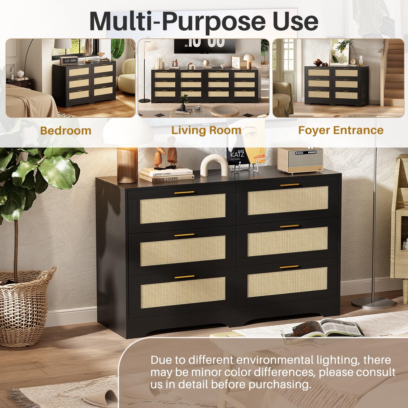 6 Drawer Rattan Dresser with Golden Handles