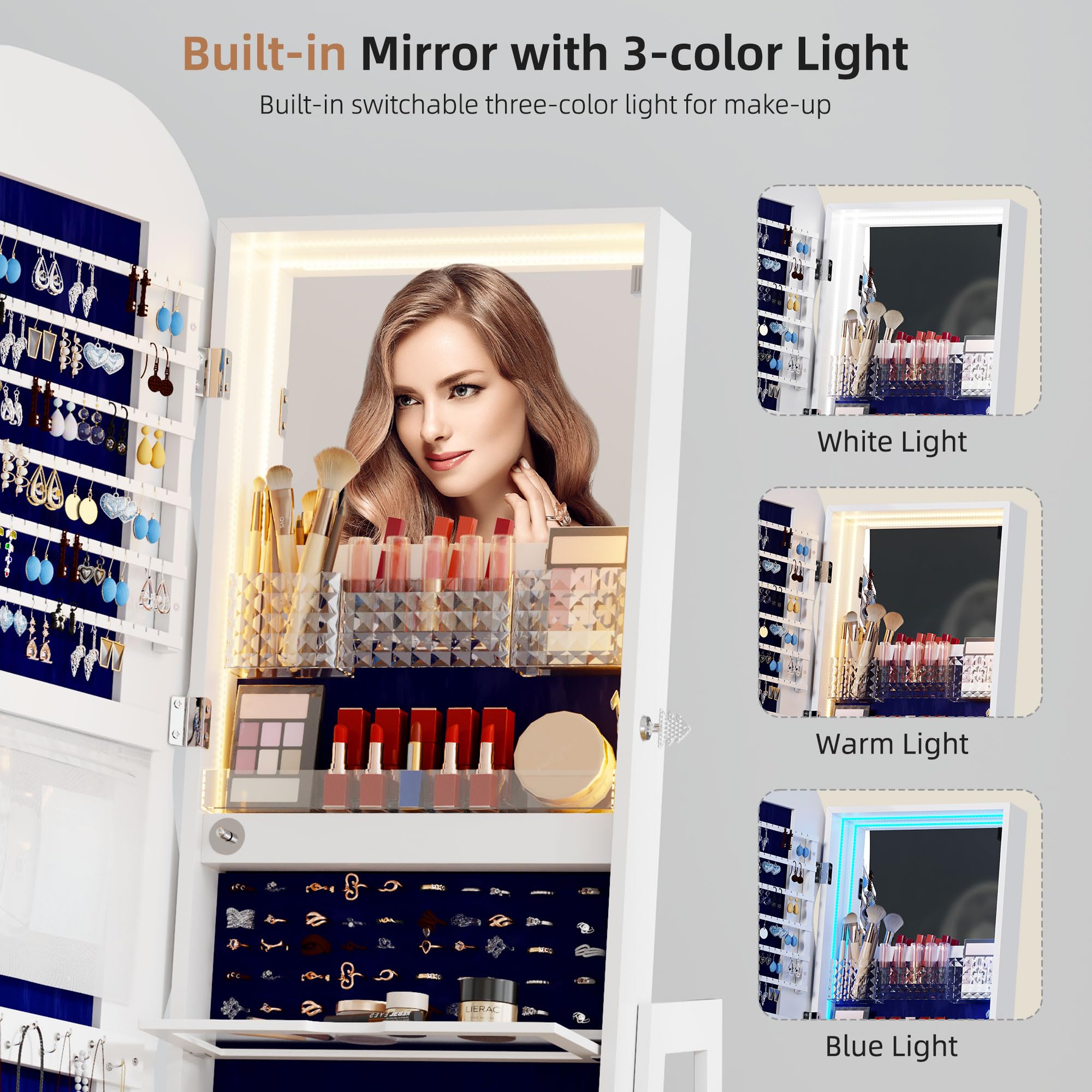 360° Swivel Jewelry Cabinet with LED Lights and Full Length Mirror