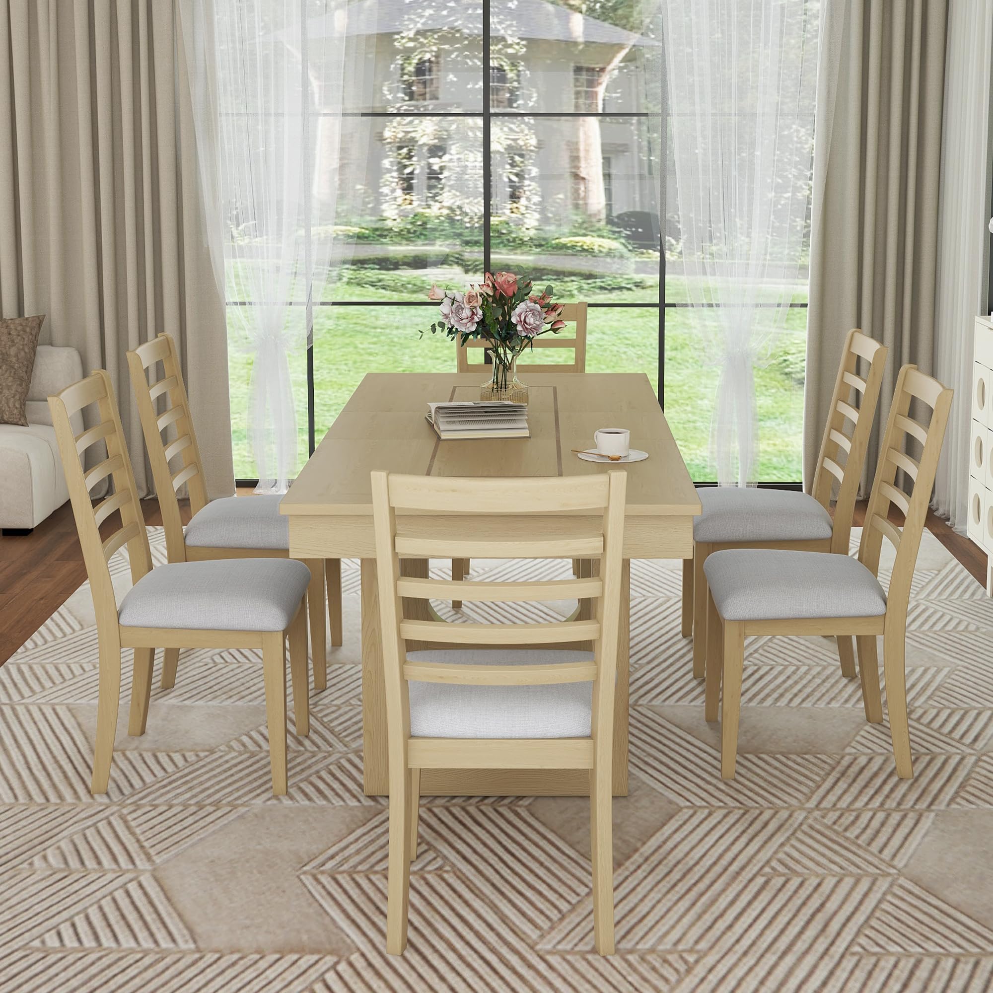 7 Piece Extendable Dining Table Set with Upholstered Chairs