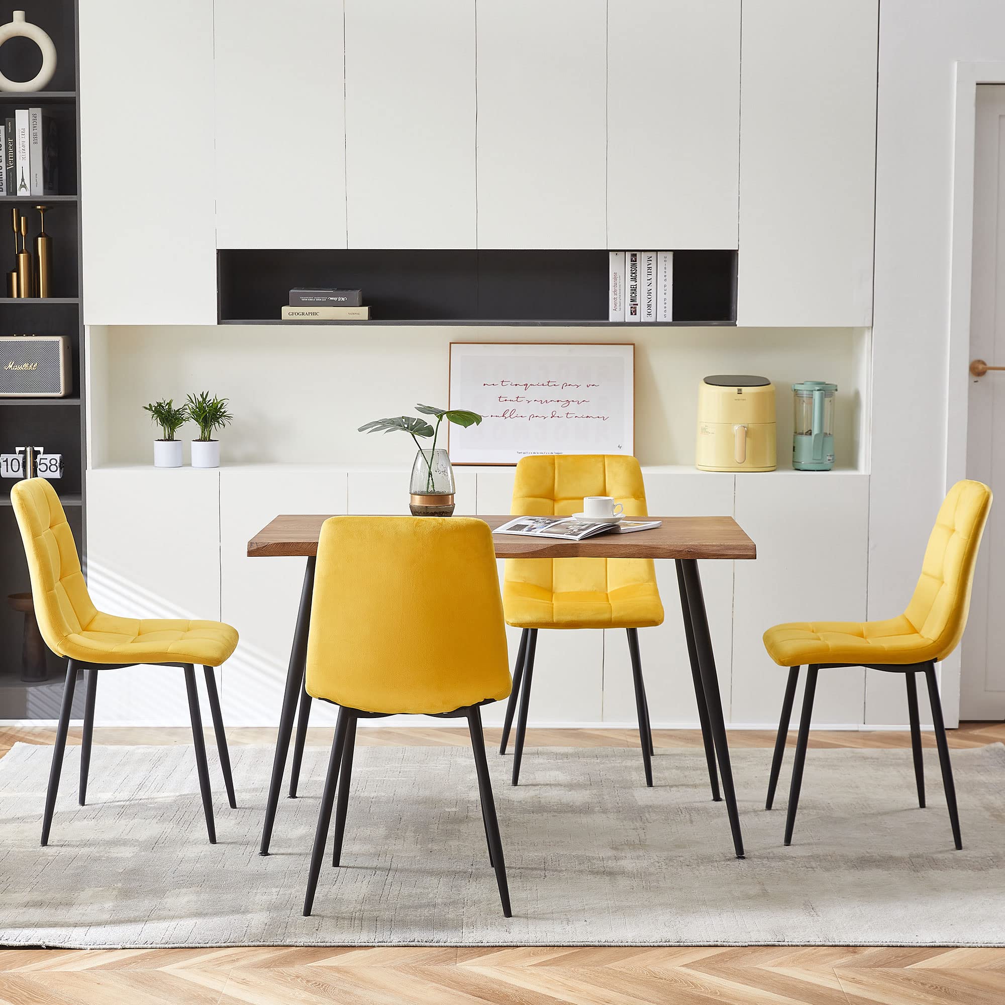 5-Piece Dining Table Set with Yellow Velvet Chairs