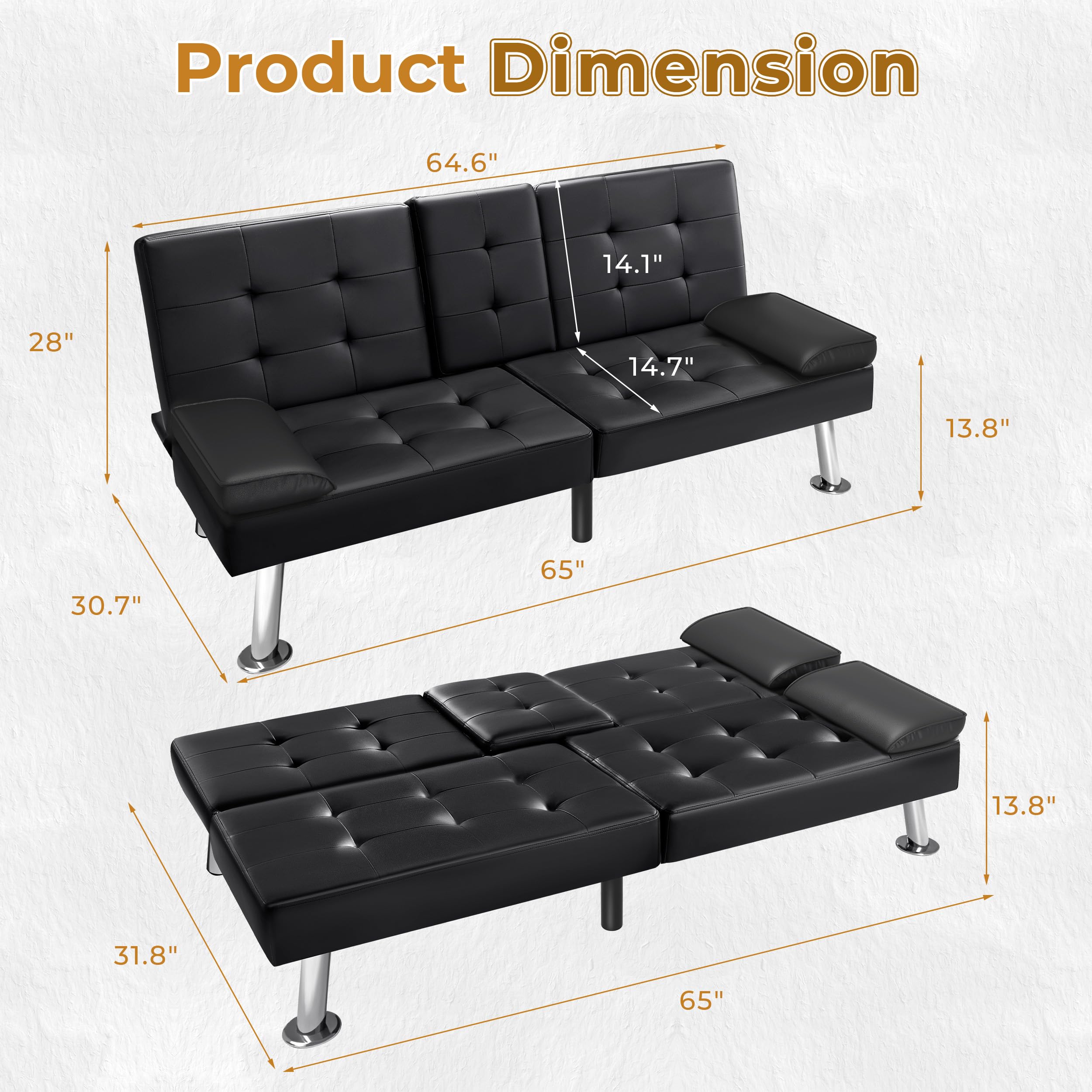 Convertible Futon Sofa Bed with Cup Holders - Faux Leather Recliner Couch