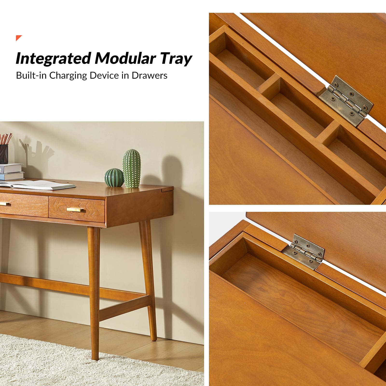 Mid-Century Modern Writing Desk with 3 Drawers and USB Charging