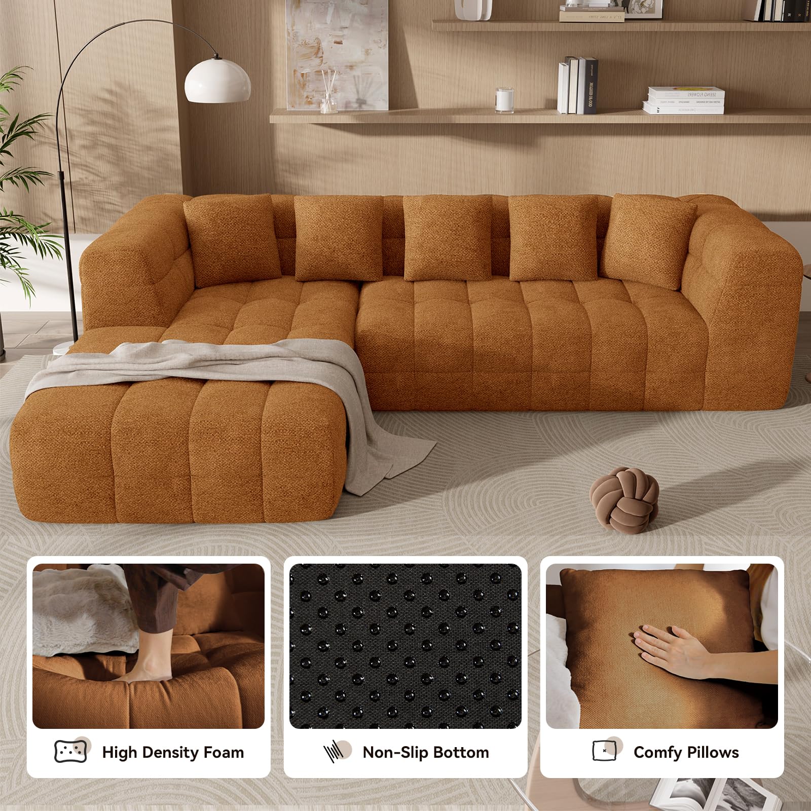 Daluvenix 107" Boneless Couch with L - Shaped Chaise, Modern Chenille Modular Sectional Sofa with Tufted Design, Comfy Upholstered Sofa, No - Assembly Sectional Couch, Orange-Brown