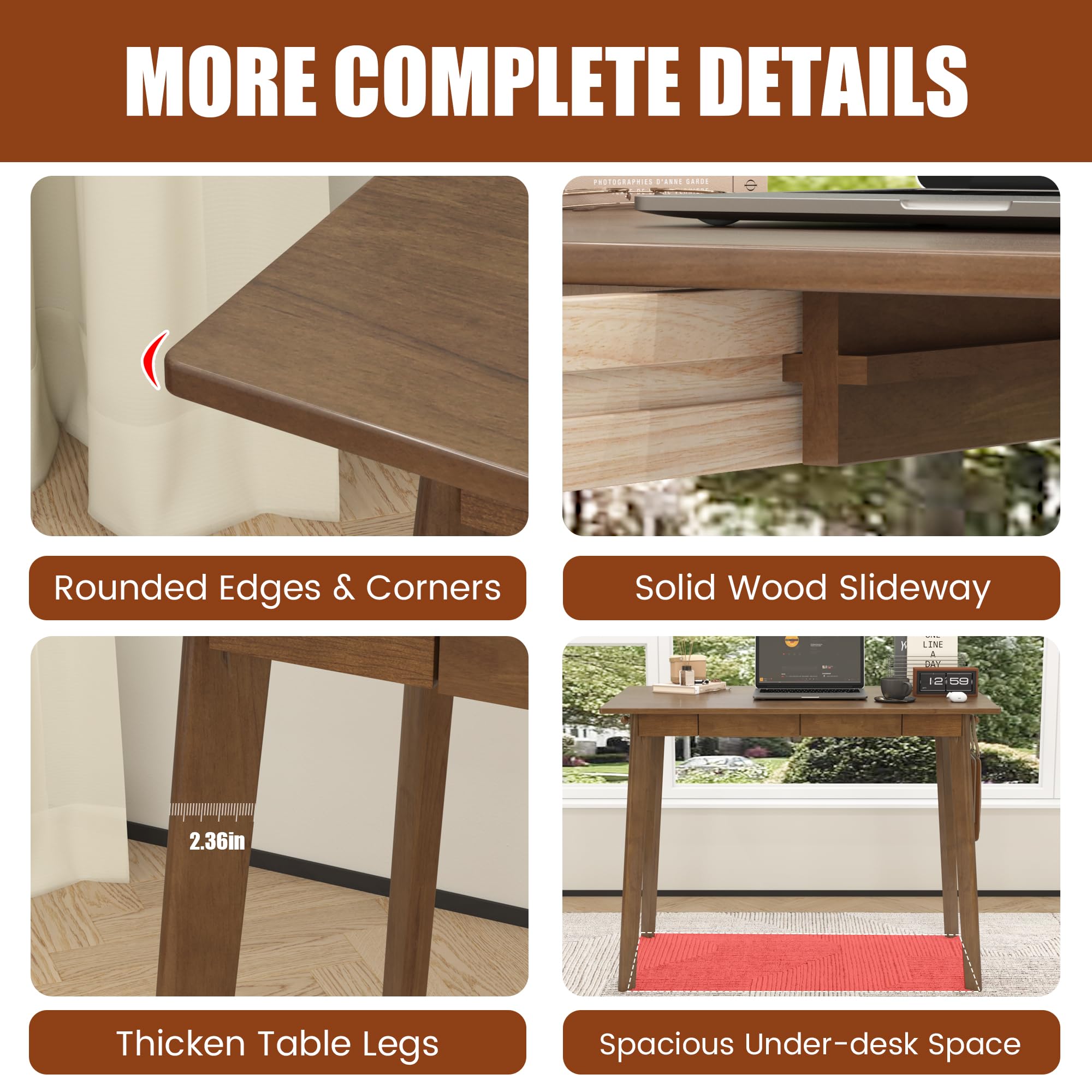 Solid Wood Desk with Drawers 40 Inch Mid Century Modern