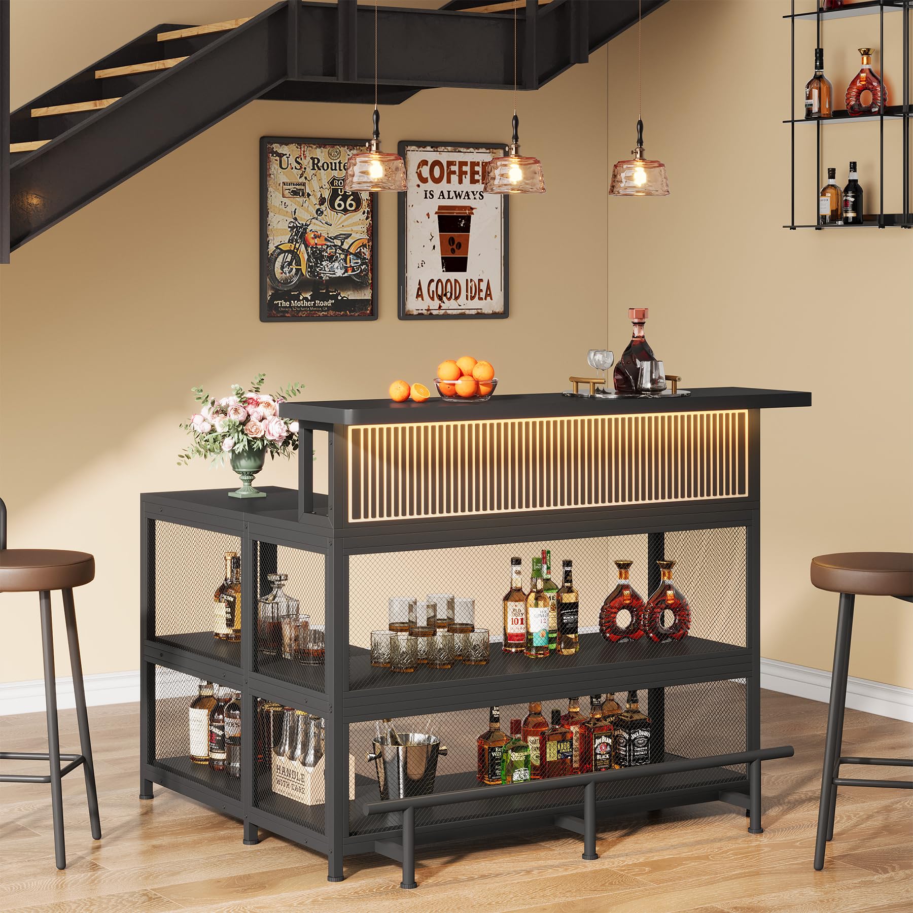 L-Shaped Home Bar Unit with Wine Holder and LED Light
