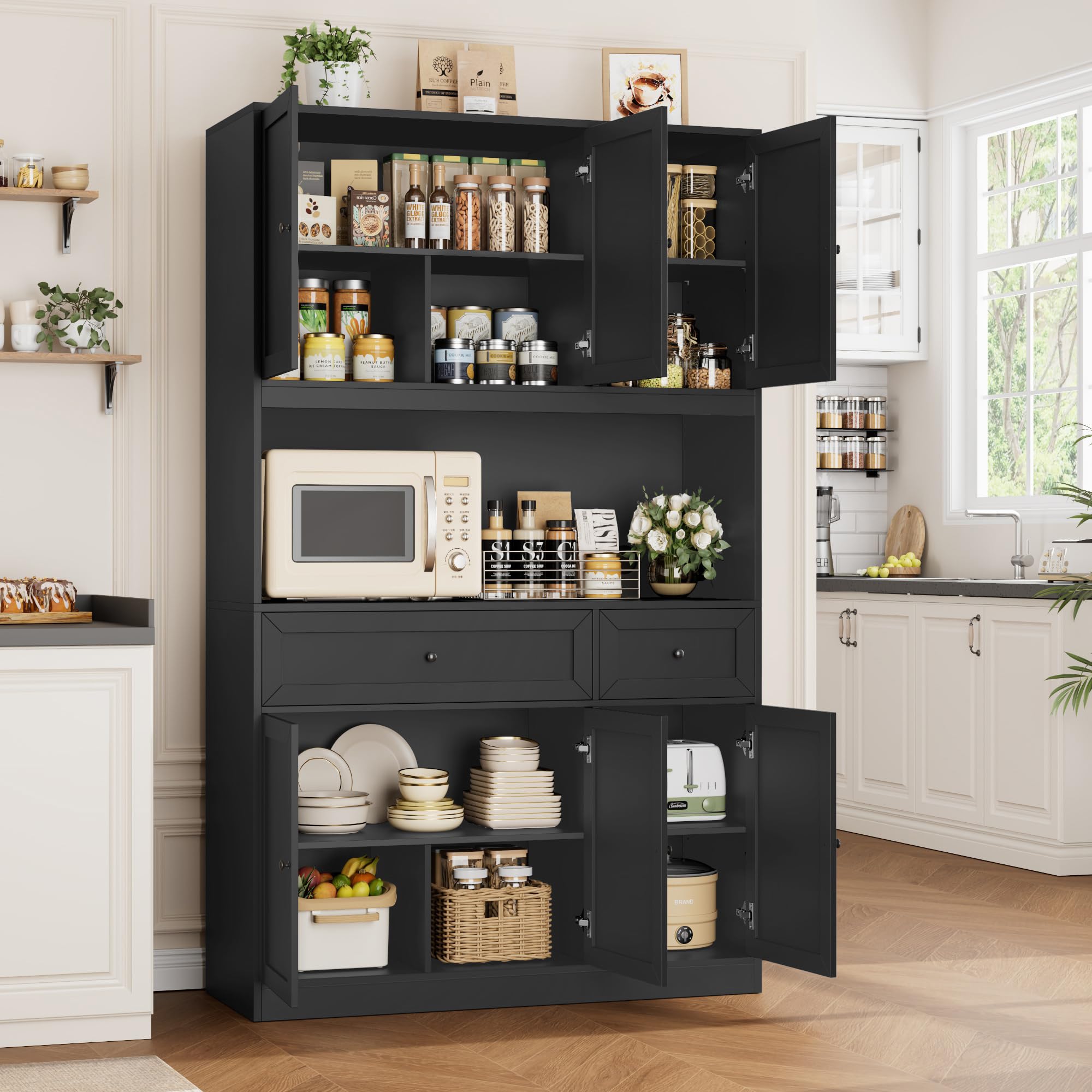 72" Kitchen Pantry Cabinet with Microwave Stand