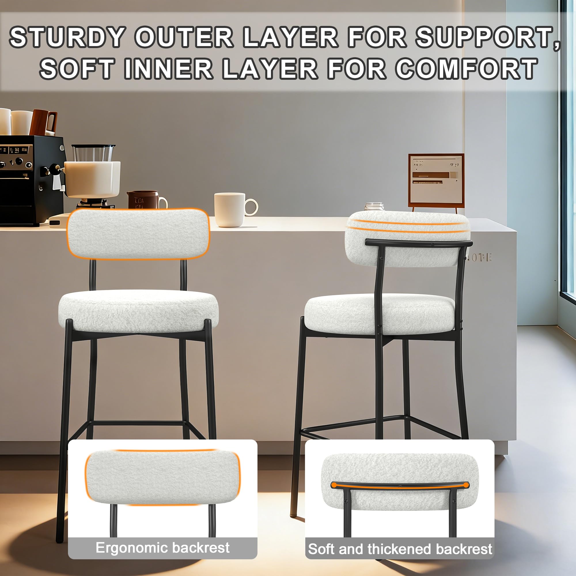 Bar Stools Set of 6, 27" White Boucle Counter Height with Back and Metal Legs