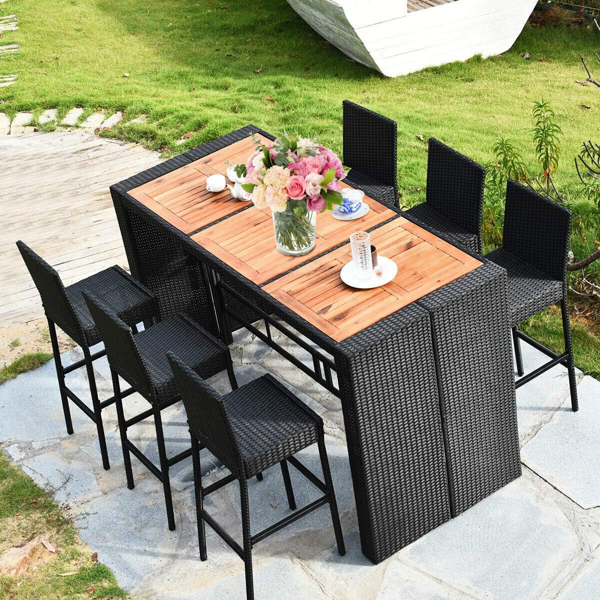 7-Piece Outdoor Wicker Dining Set with Acacia Wood Bar Table